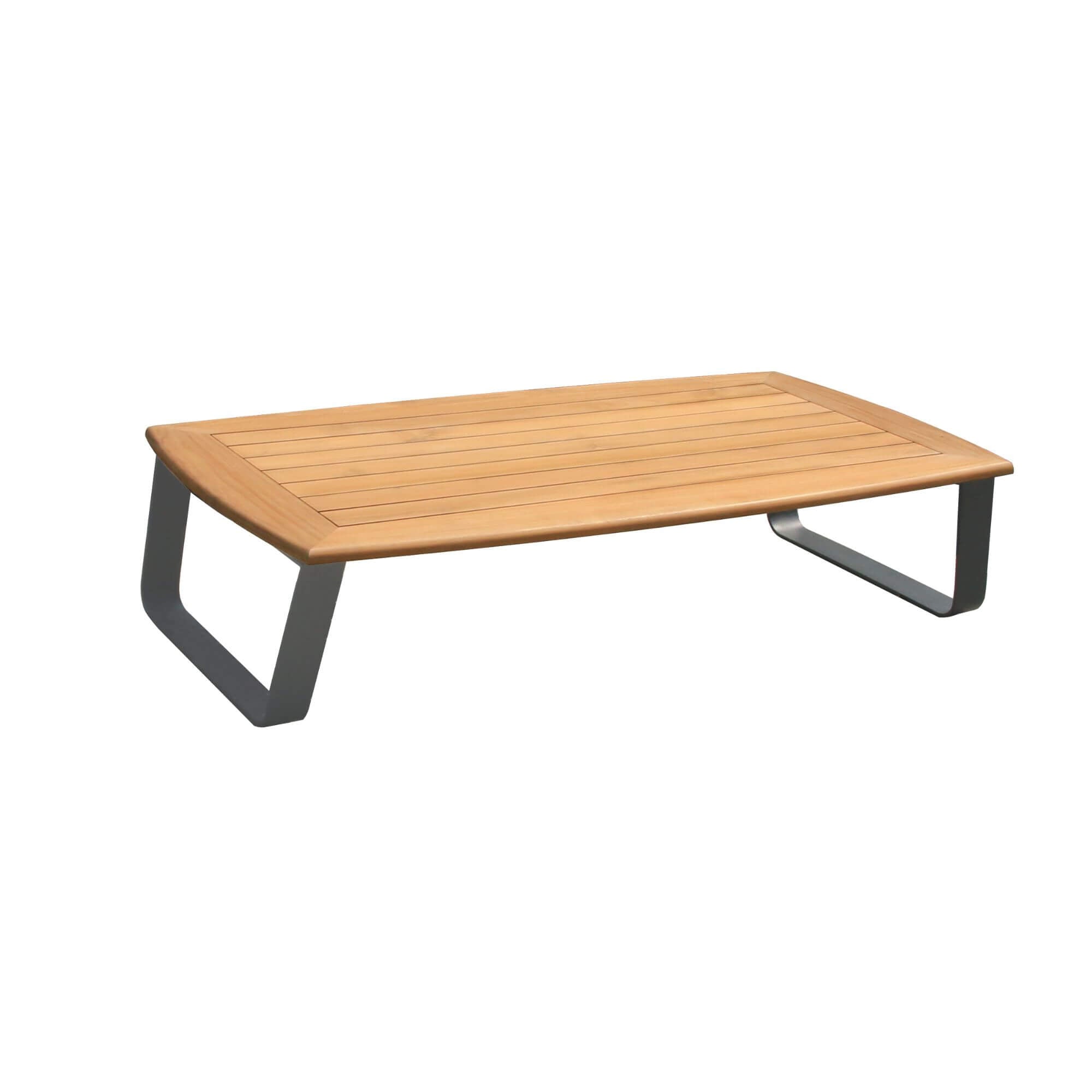 Square outdoor coffee table with warm wood slat top and dark metal legs