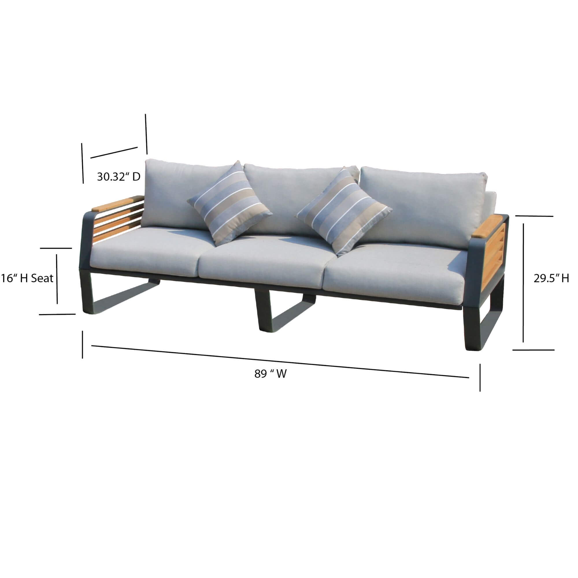 Outdoor patio loveseat with light-blue seat cushions and blue striped pillows, dark frame