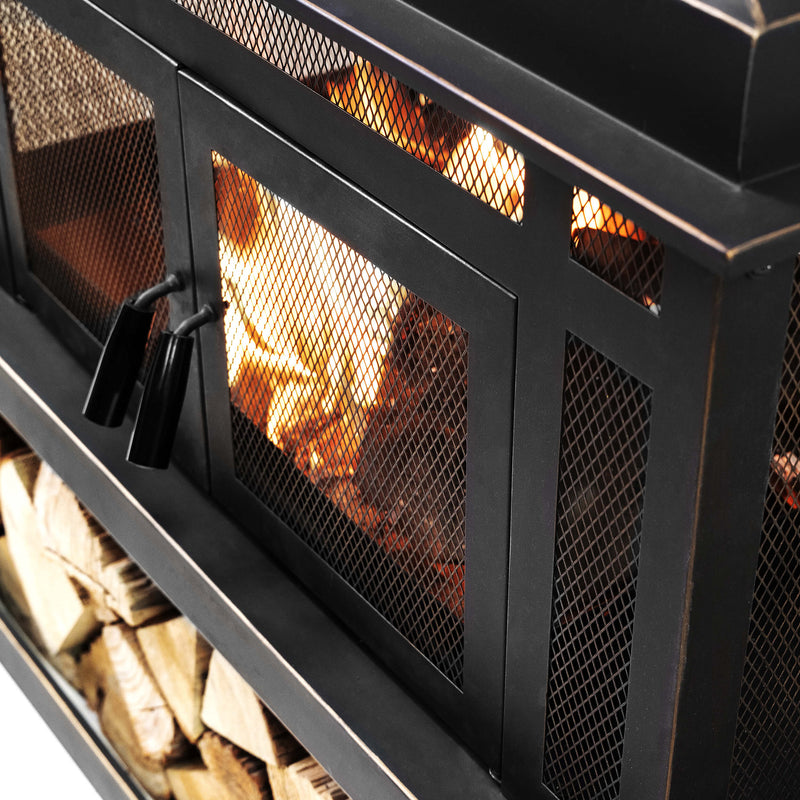 Deko Living Rimasco 80-Inch Metal Wood Burner Fireplace with Side Storage Tables (COB10504)