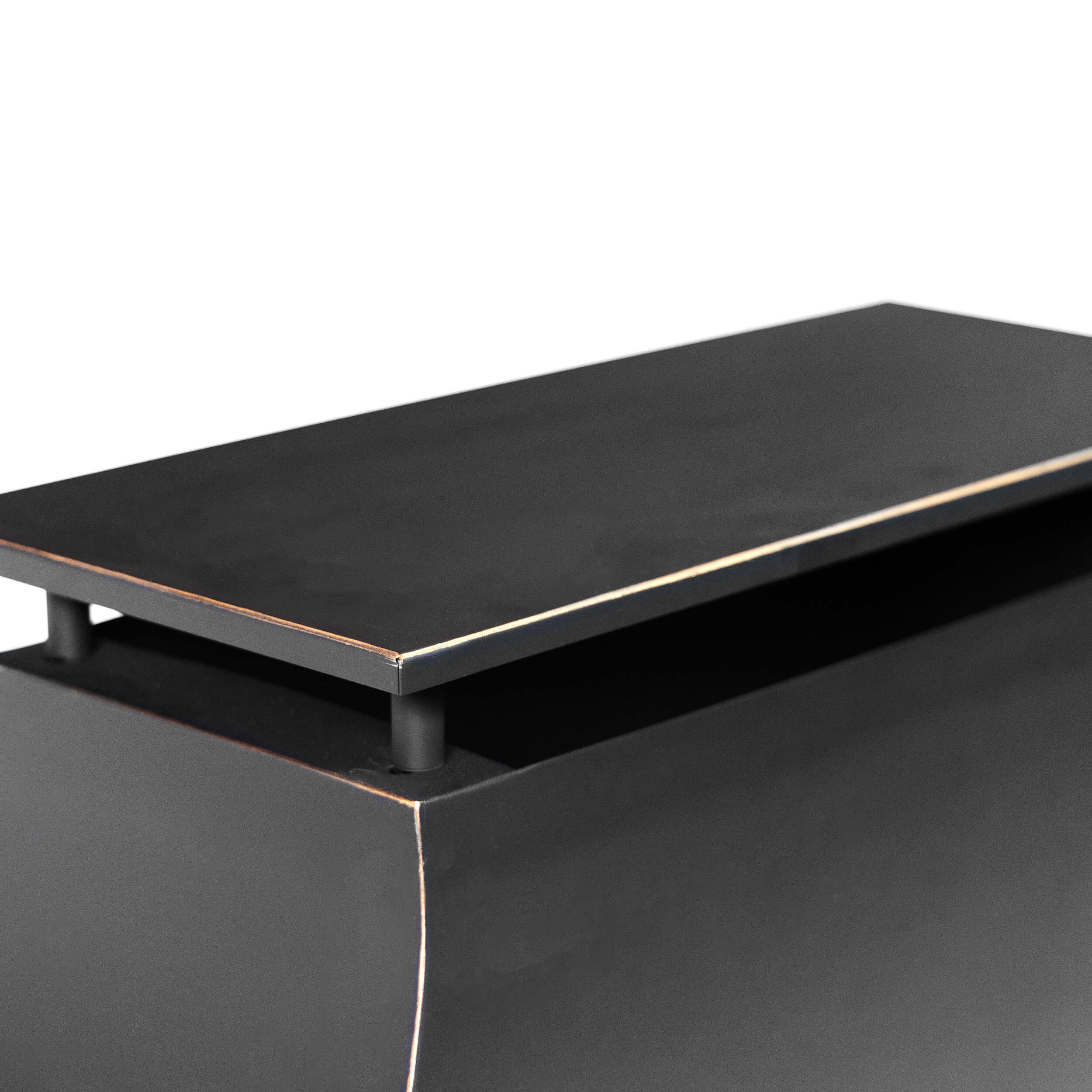 Square side storage table with gray wood-look top on black metal frame