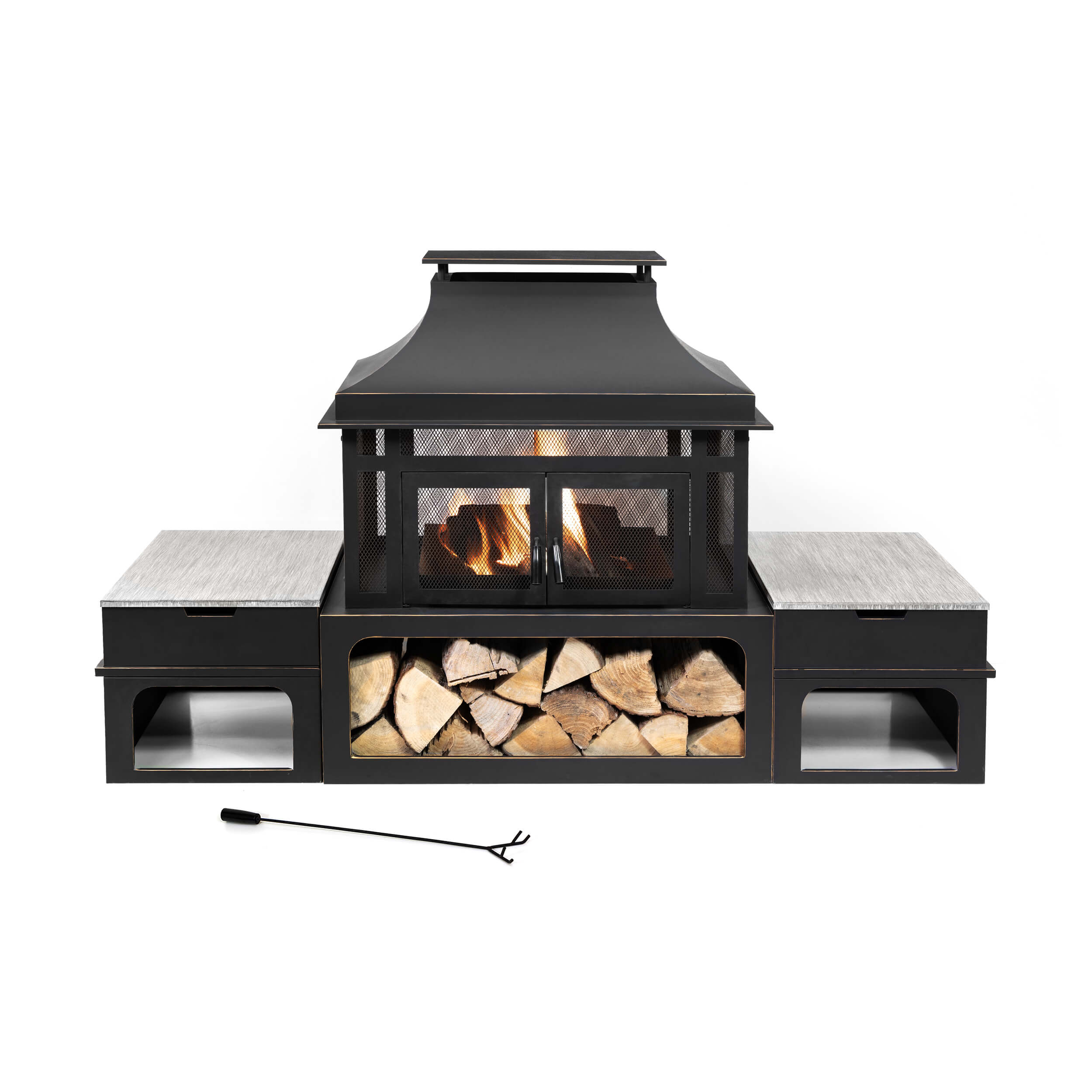 Black metal wood burner fireplace with twin side tables and front log storage