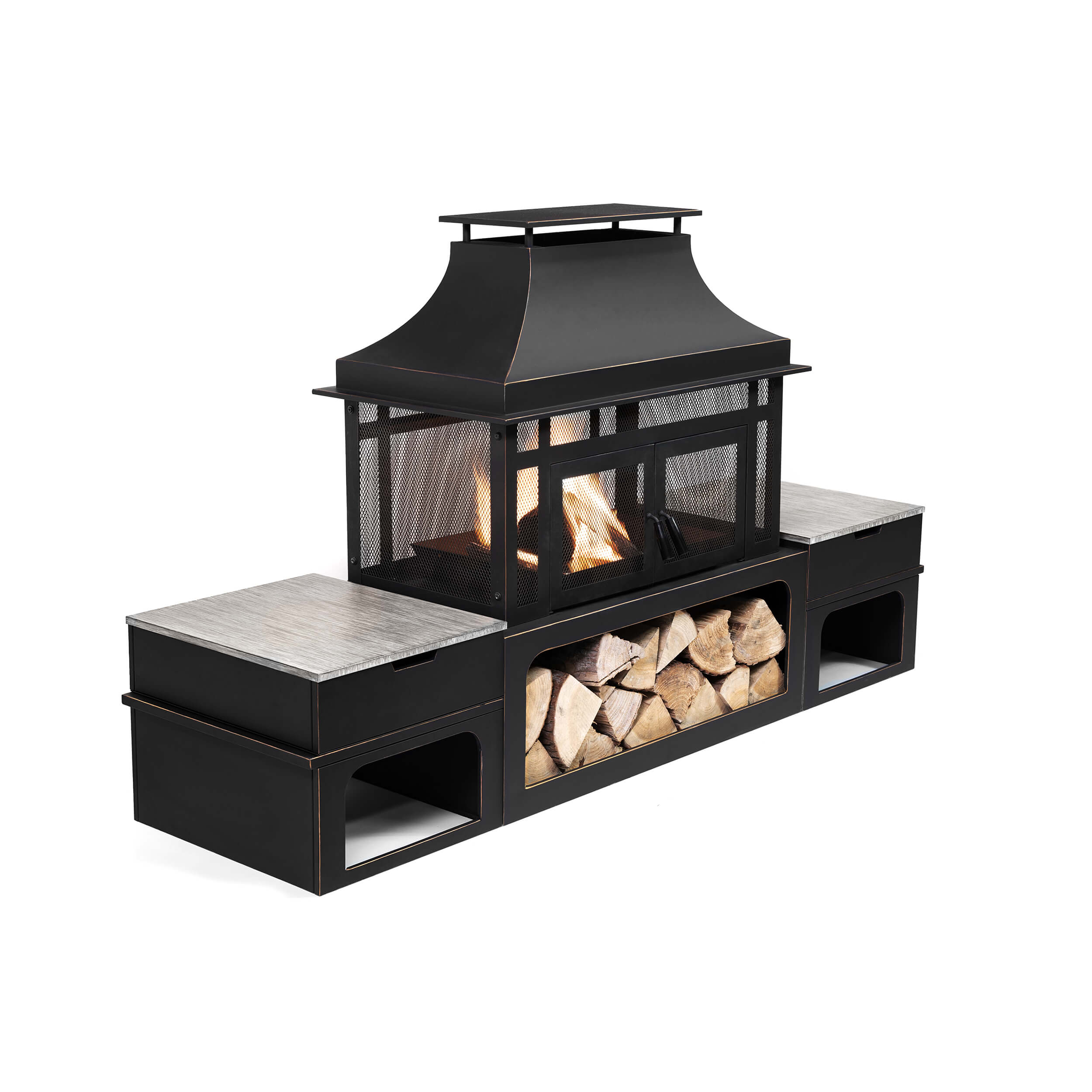 Wood burner fireplace with glassless front mesh, side tables, and burning logs