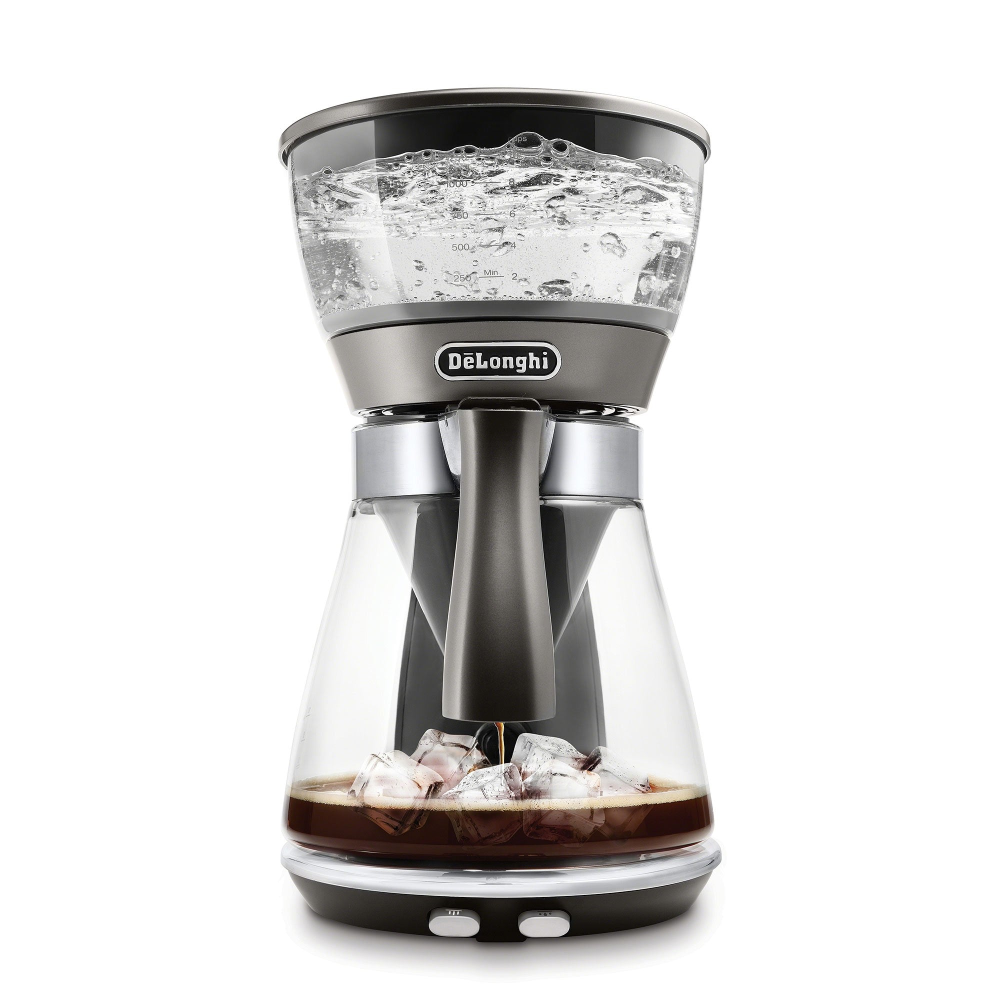 De'Longhi coffee brewer with filled glass chamber showing bubbling brew under lid