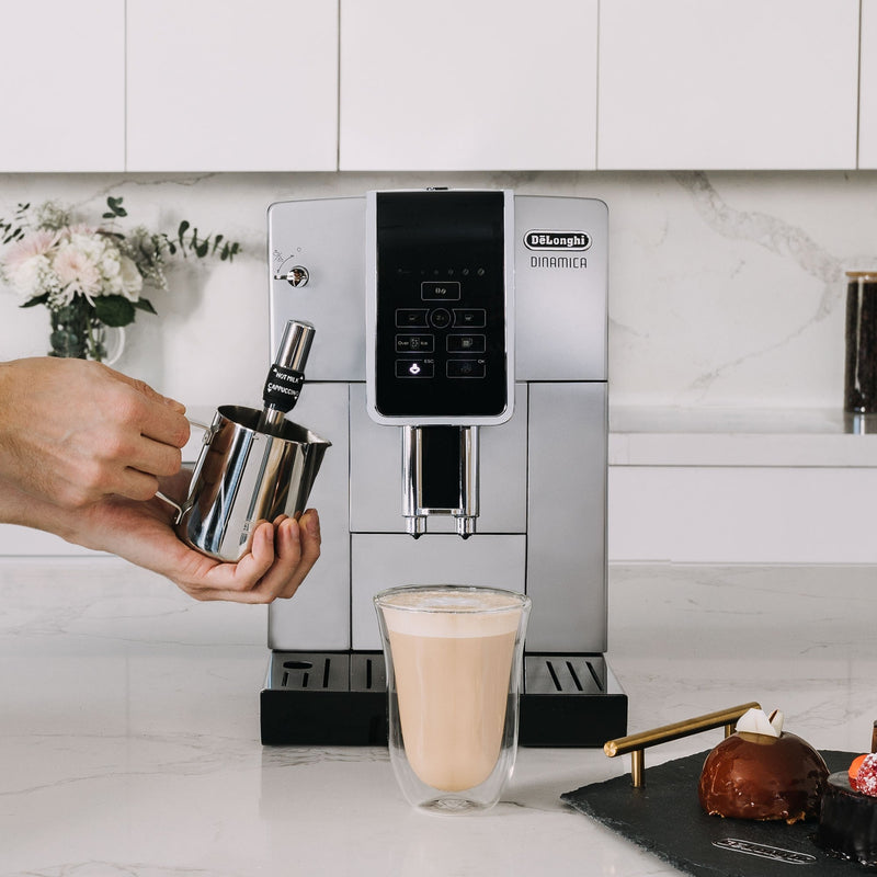 De'Longhi Package - Dinamica Fully Automatic Coffee and Espresso Machine with Espresso Glass Set and Milk Frothing Pitcher