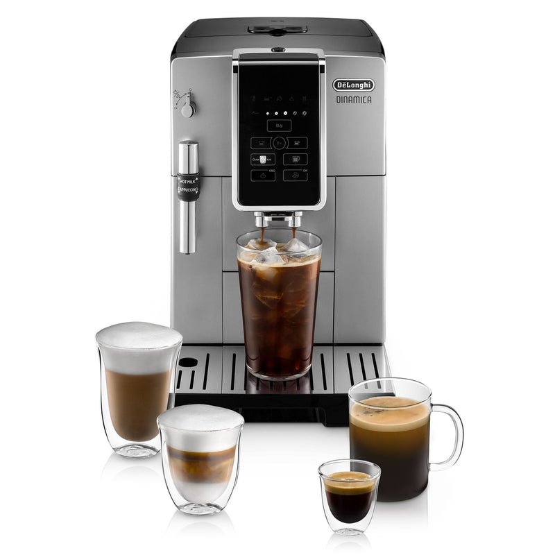 De'Longhi Package - Dinamica Fully Automatic Coffee and Espresso Machine with Espresso Glass Set and Milk Frothing Pitcher