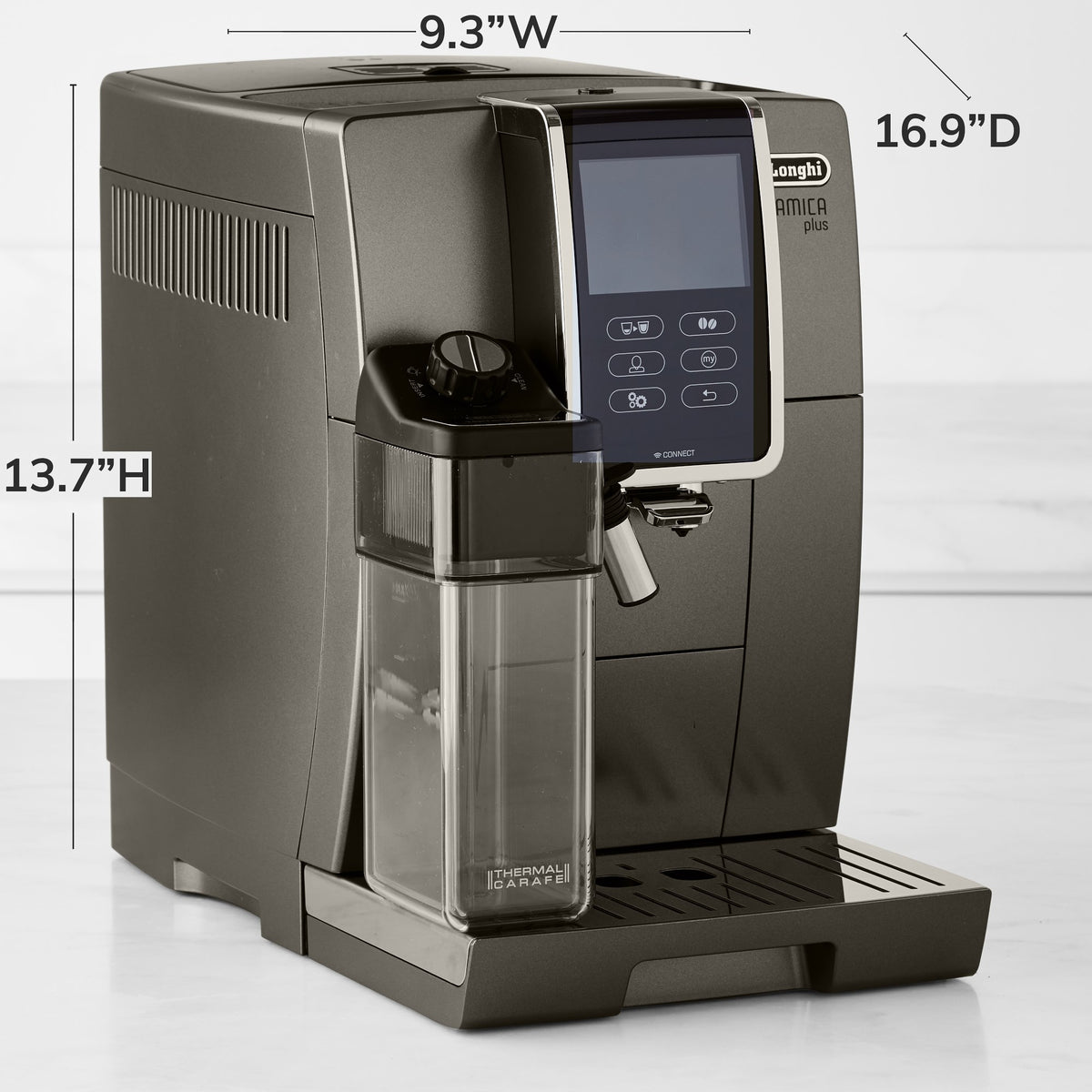 Titanium super-automatic coffee machine with built-in water container and dimensions labeled