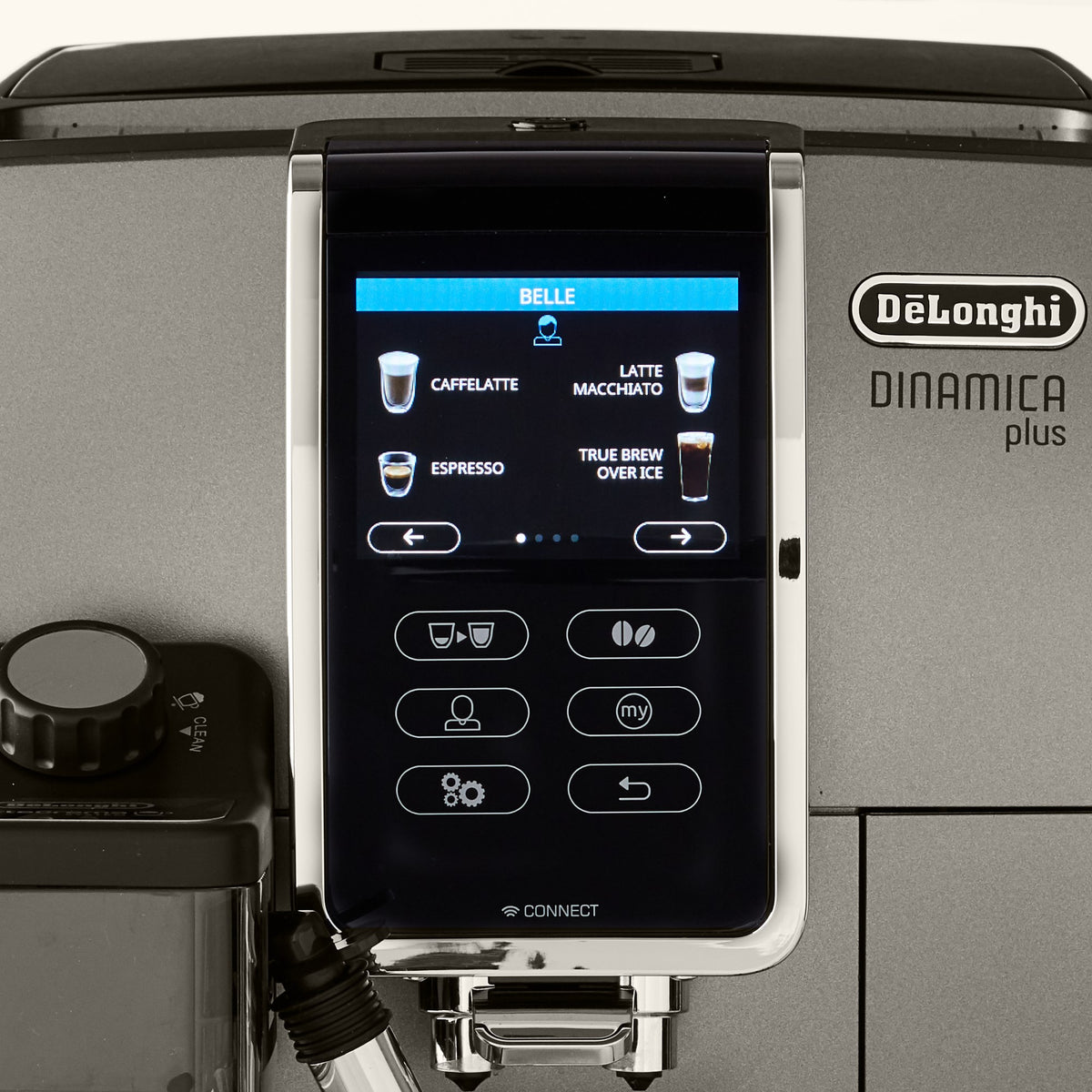 Super automatic espresso machine with touchscreen display and De'Longhi Dinamica controls