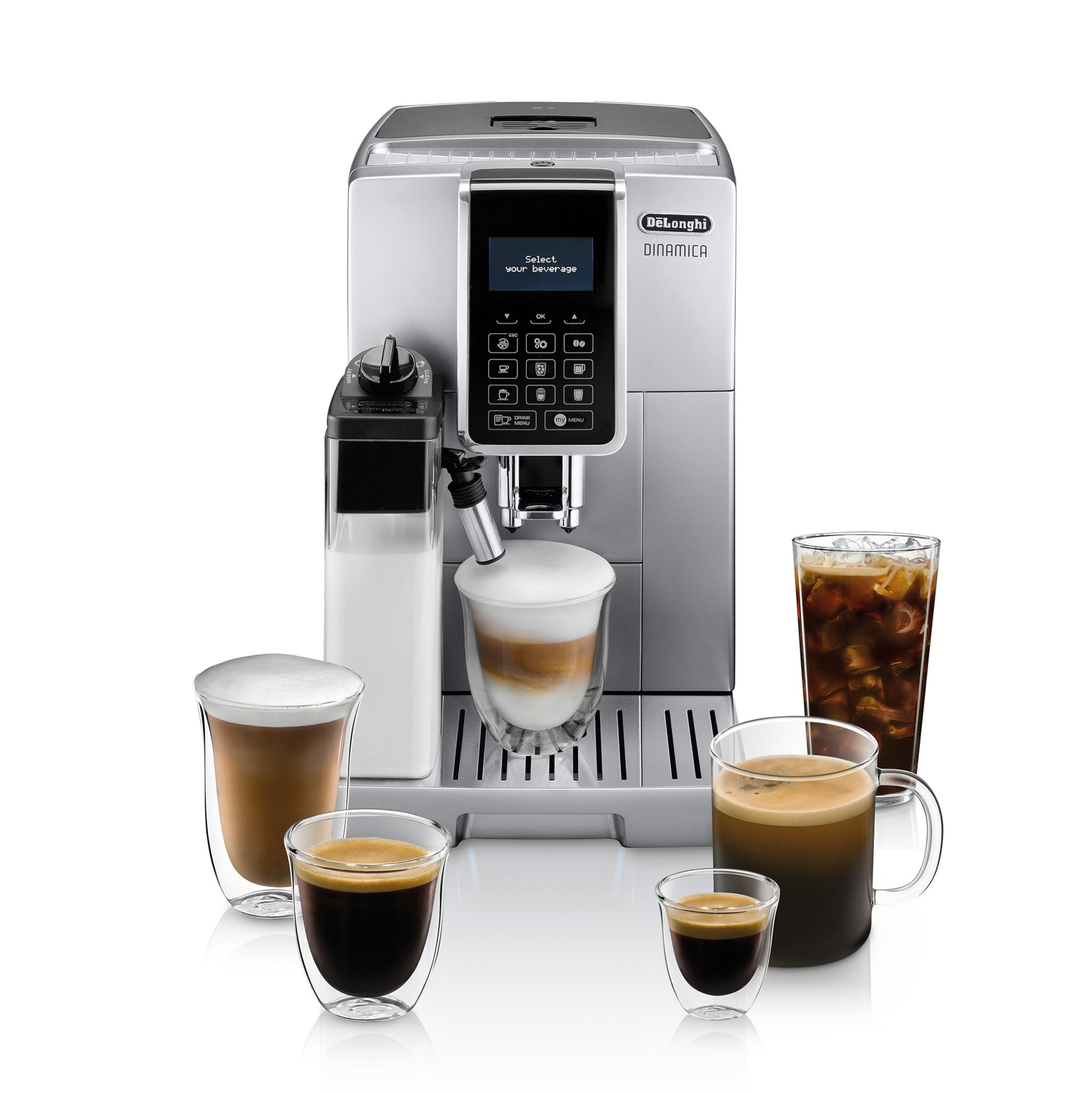 Silver super-automatic espresso machine with multiple cups filled with coffee
