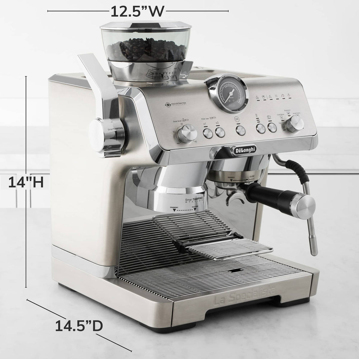 Stainless espresso machine with front panel dials and portafilter handle