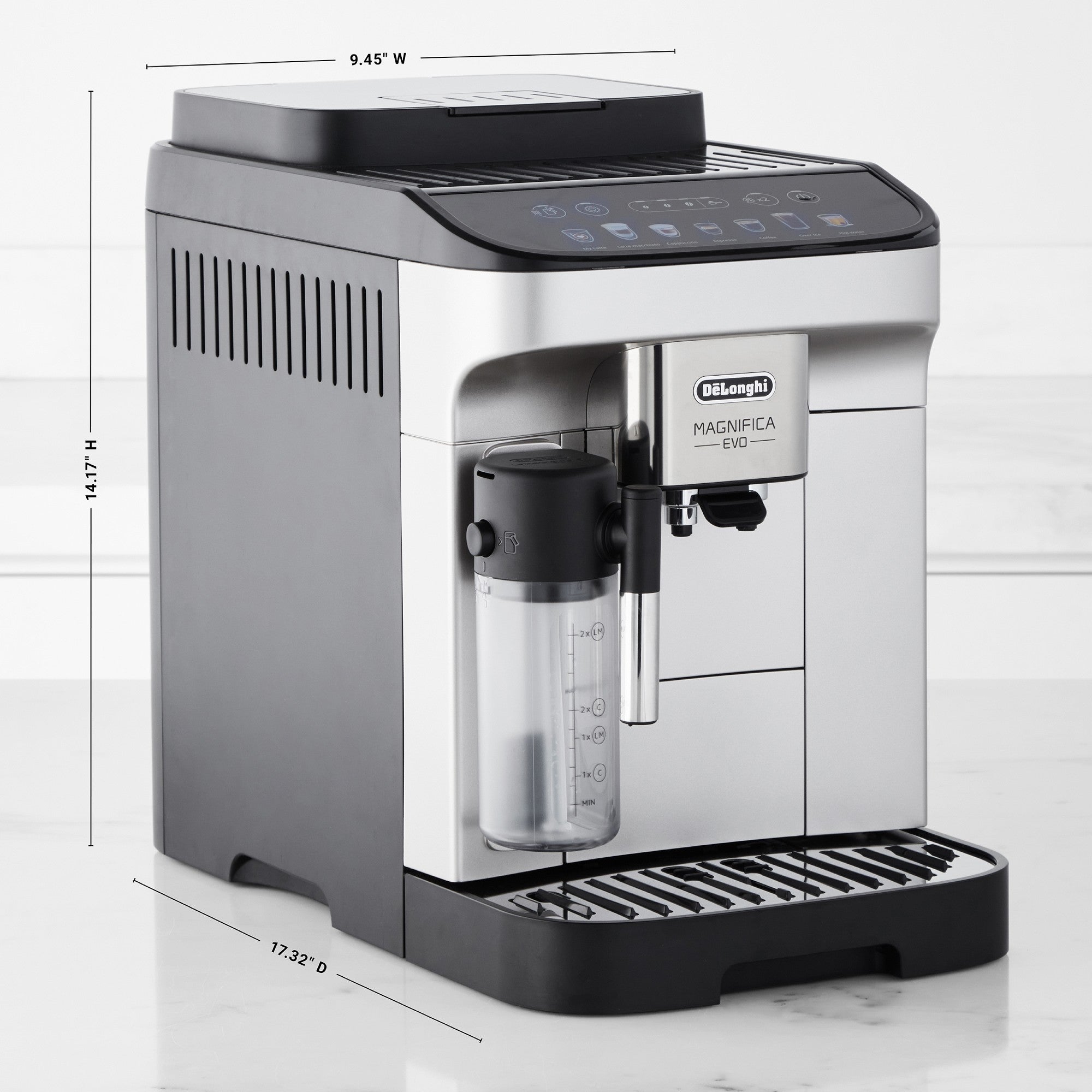 De'Longhi Magnifica Evo espresso machine front view with water tank and drip tray