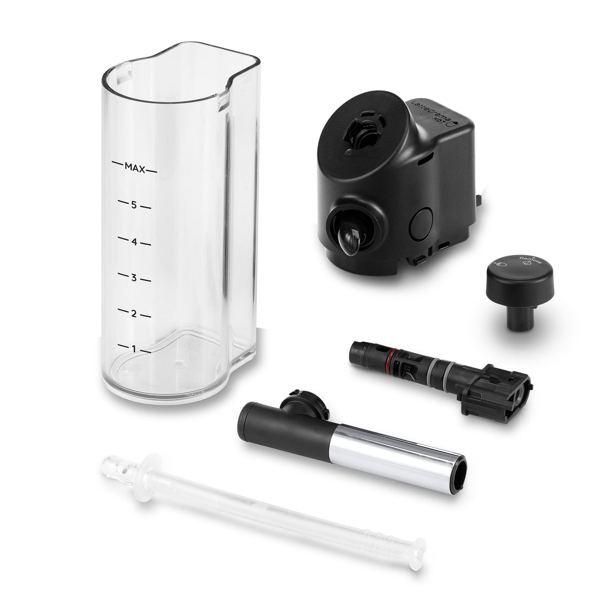 Espresso machine accessories set with clear jug, black parts, and frothing tool pieces.