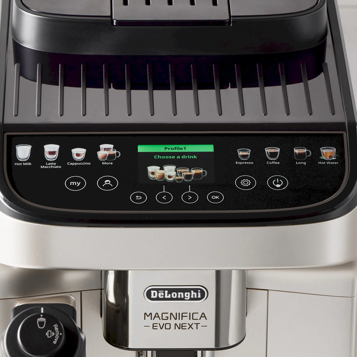 Fully automatic espresso machine control panel with drink buttons and icons, black and stainless.