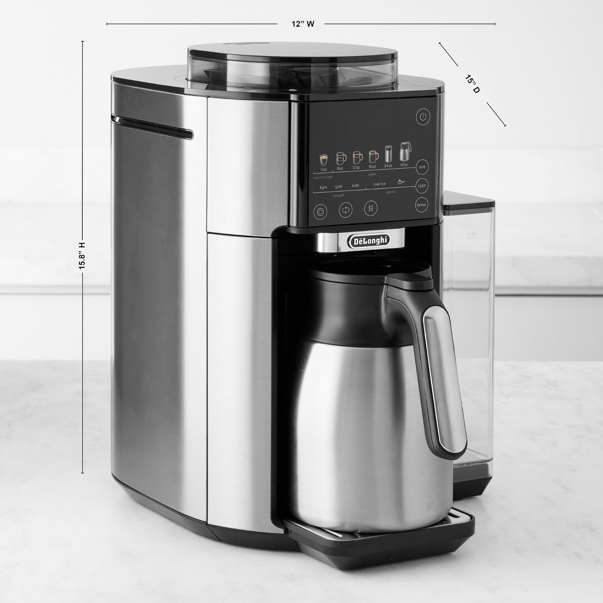 Stainless steel and black automatic coffee maker with thermal carafe and control panel