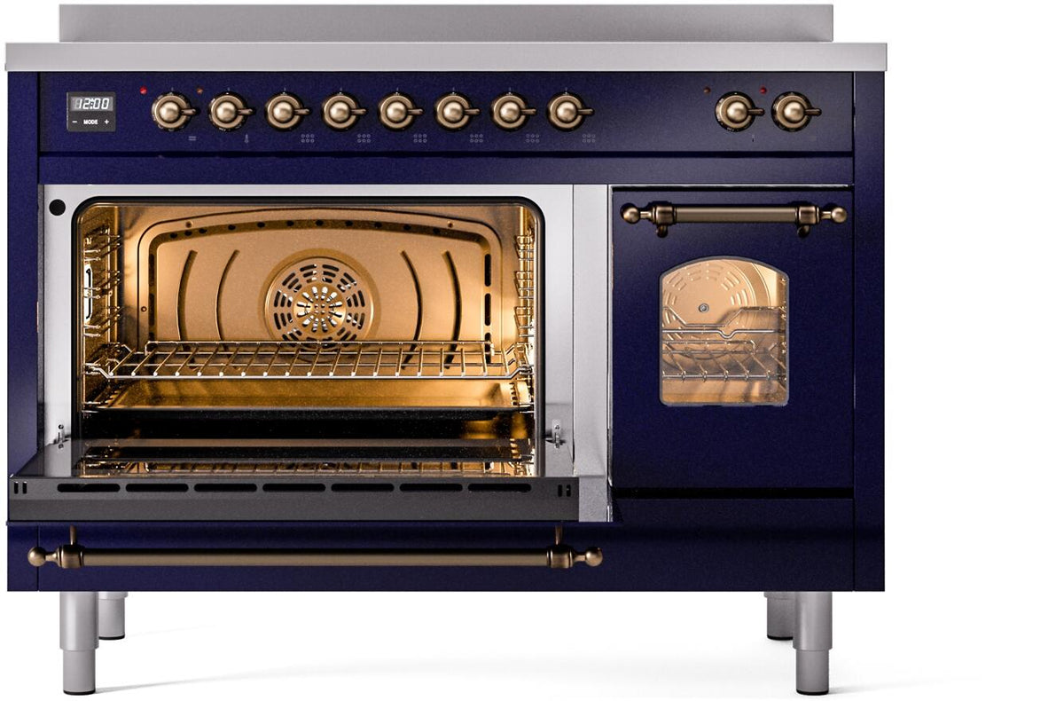 Electric induction range, oven compartments open showing racks and interior lighting.