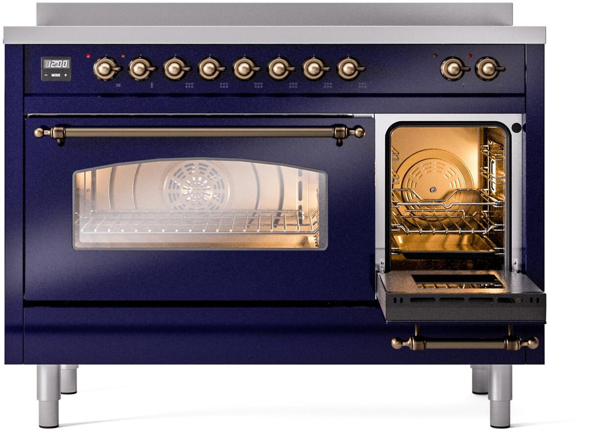 Electric induction range front with oven door open; left window shows fan and racks.