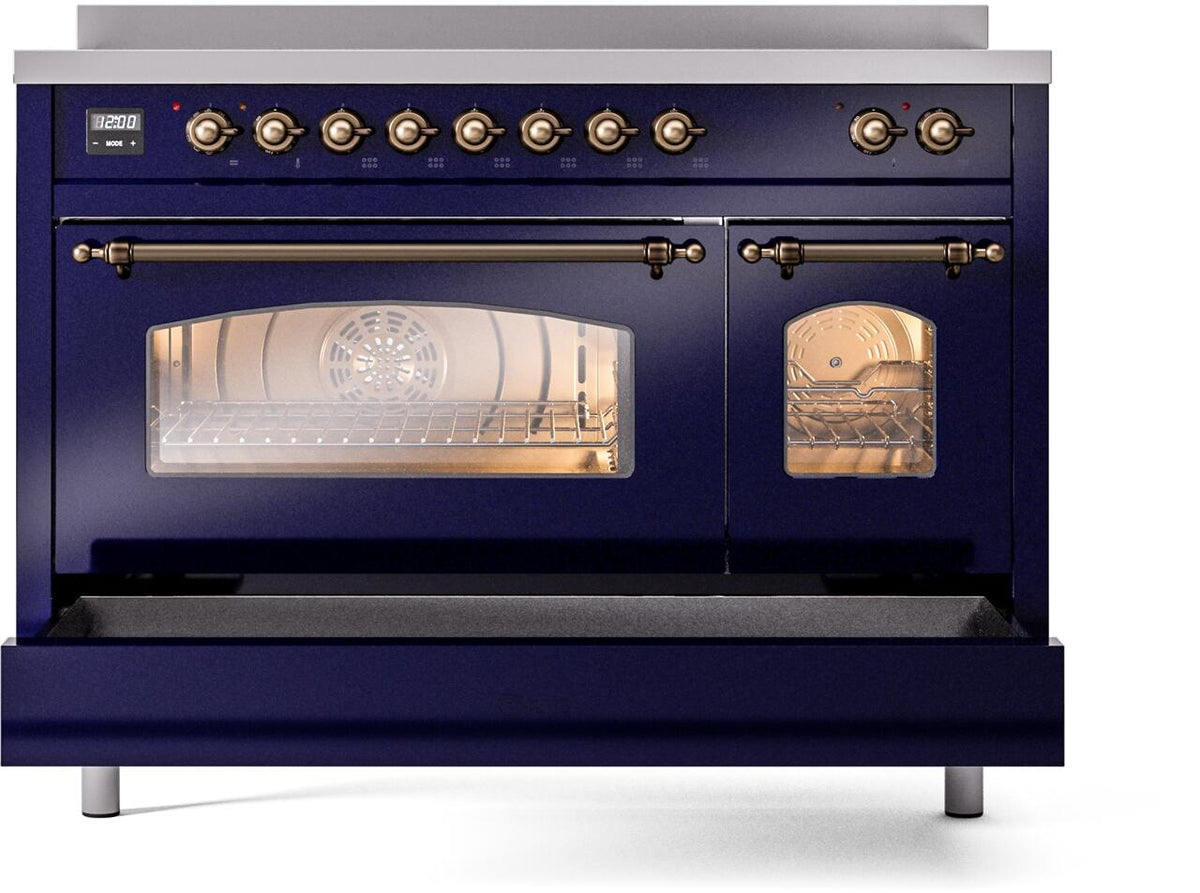 Freestanding electric induction range with oven door open; control knobs and bronze trim.