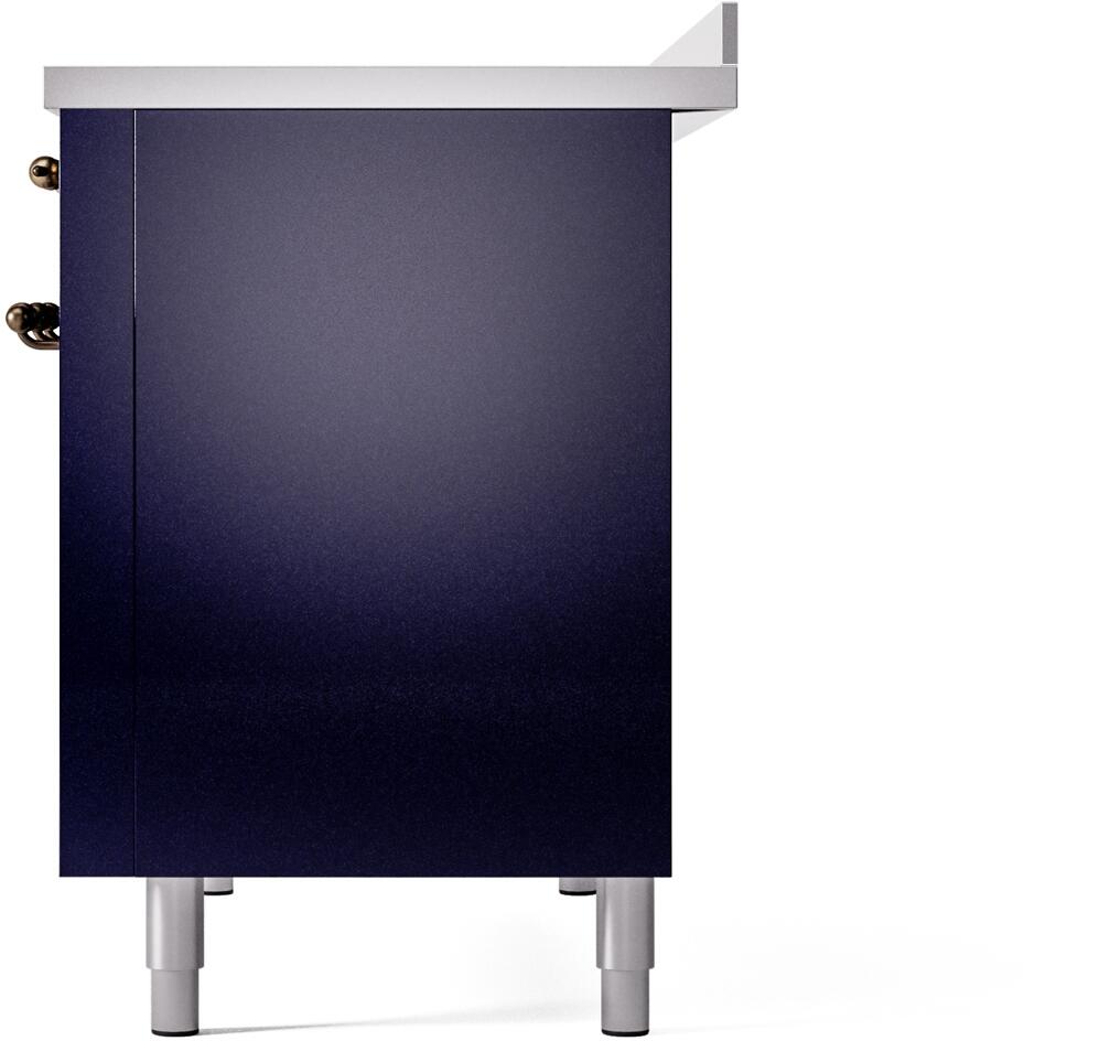 Midnight blue freestanding electric induction range rear side view with bronze fittings.