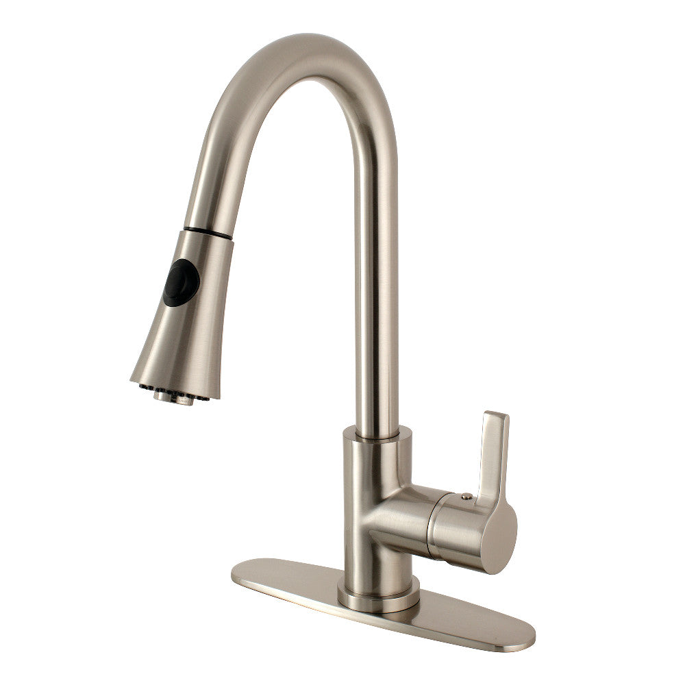 Brushed nickel single-handle pull-down kitchen faucet with curved spout and side lever