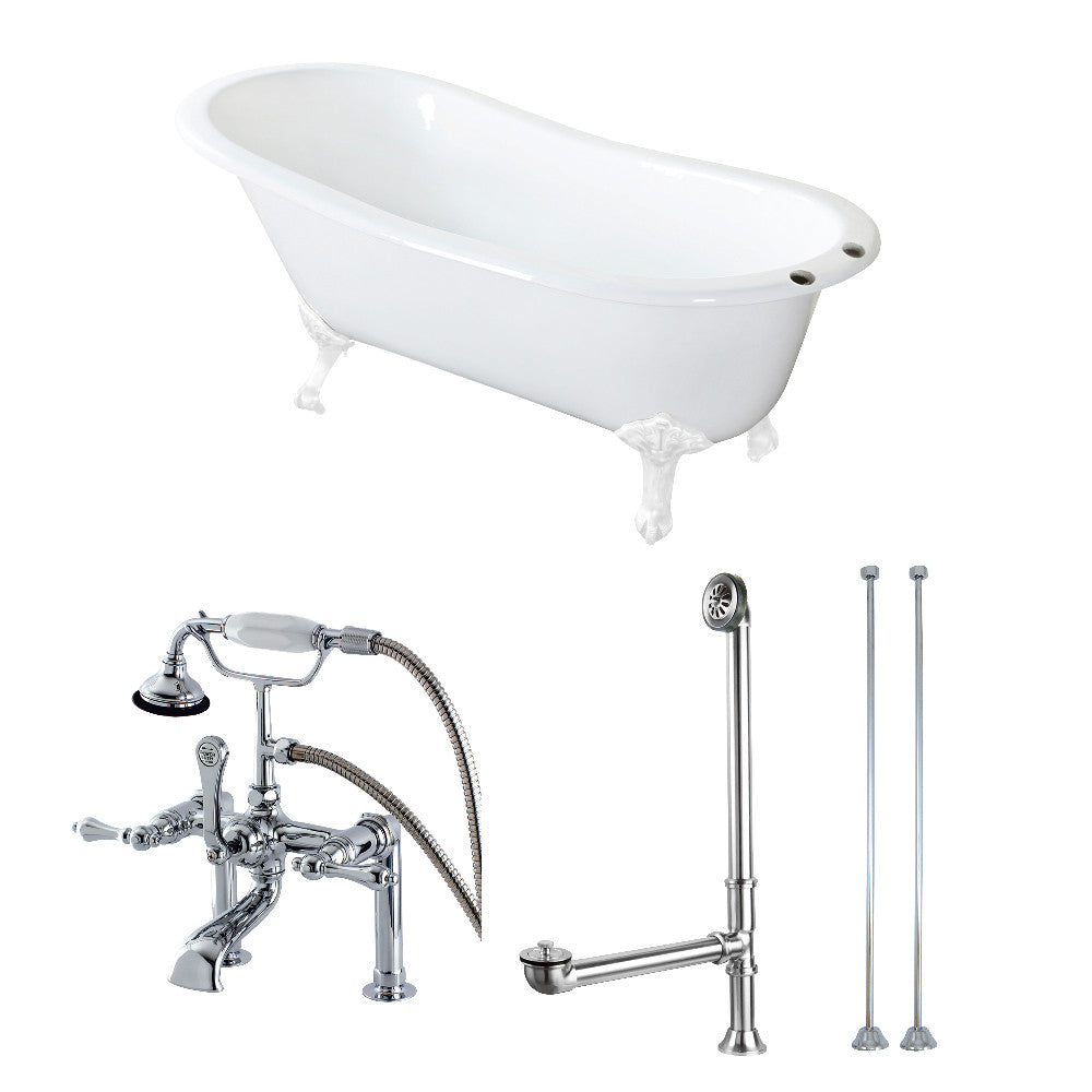 White oval clawfoot bathtub with chrome faucet and drain/supply lines