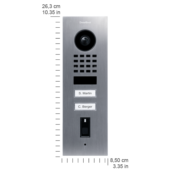 Stainless metal video door station front with camera lens, speaker grille, and name labels