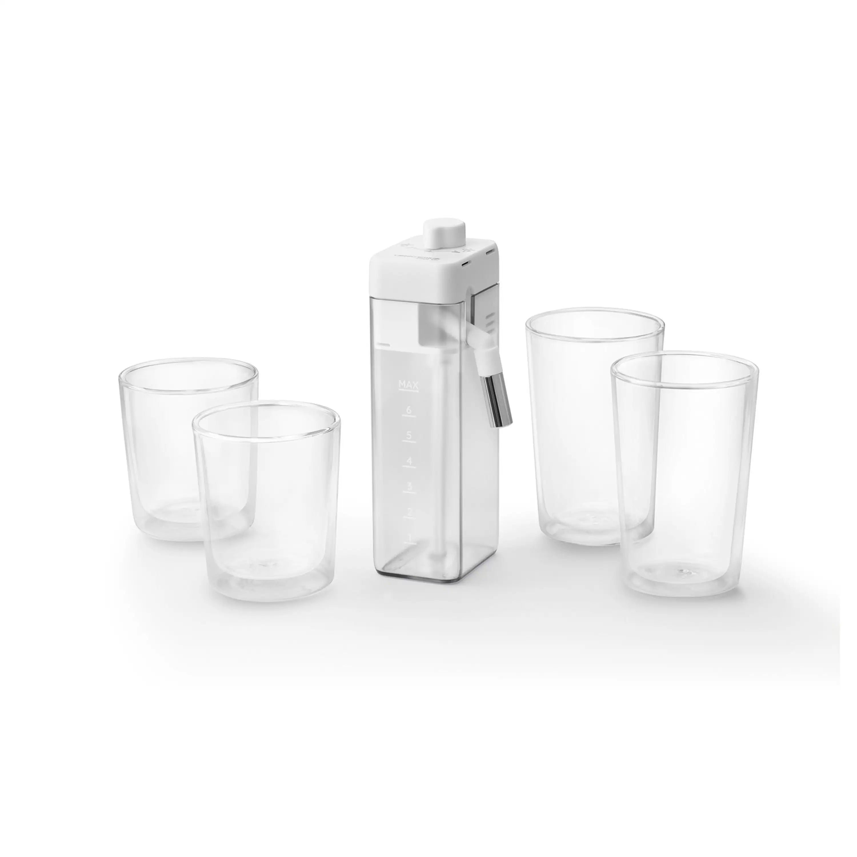 Clear glasses and white carafe accessory set arranged for presentation