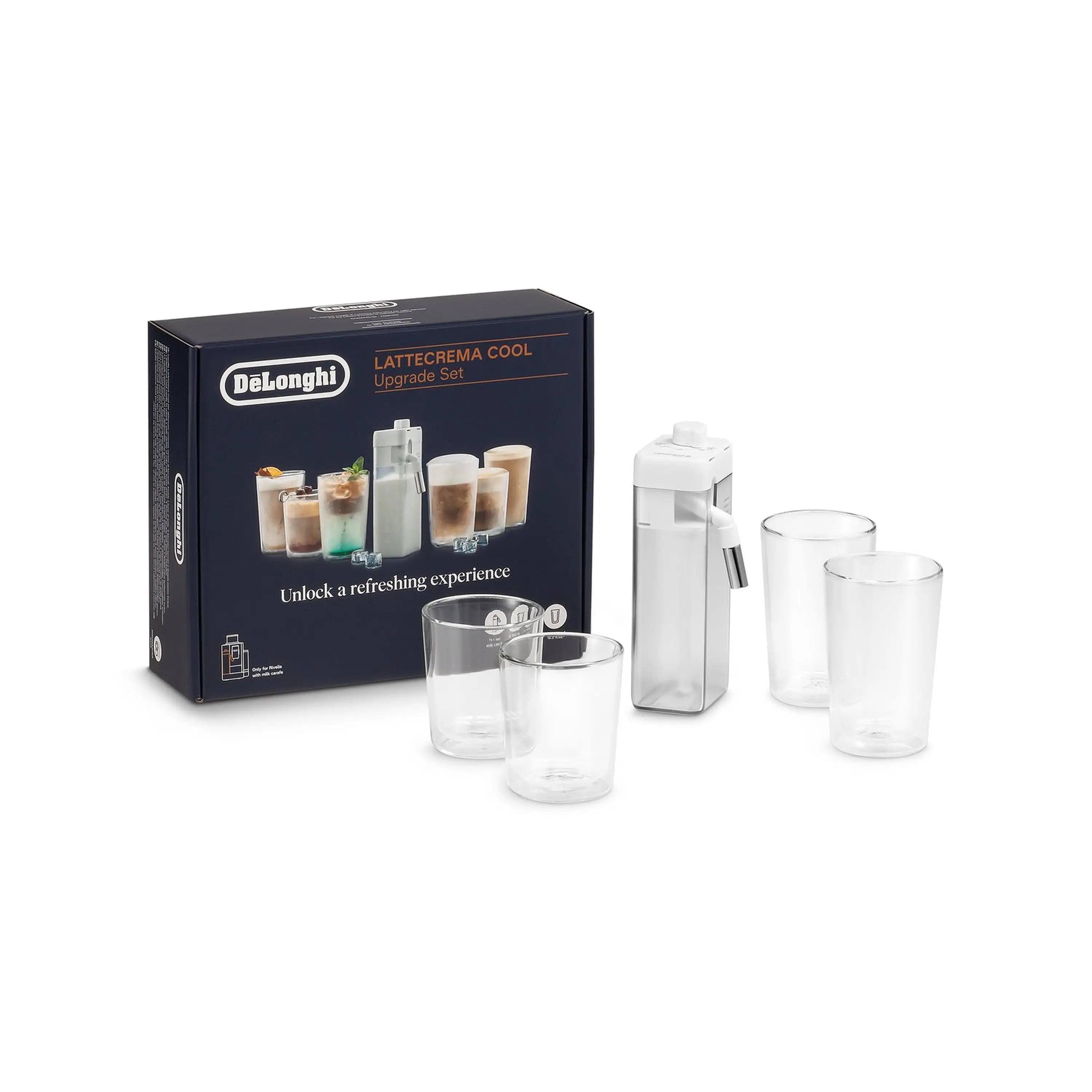 LatteCream Cool upgrade set box with white accessory and four clear beverage cups