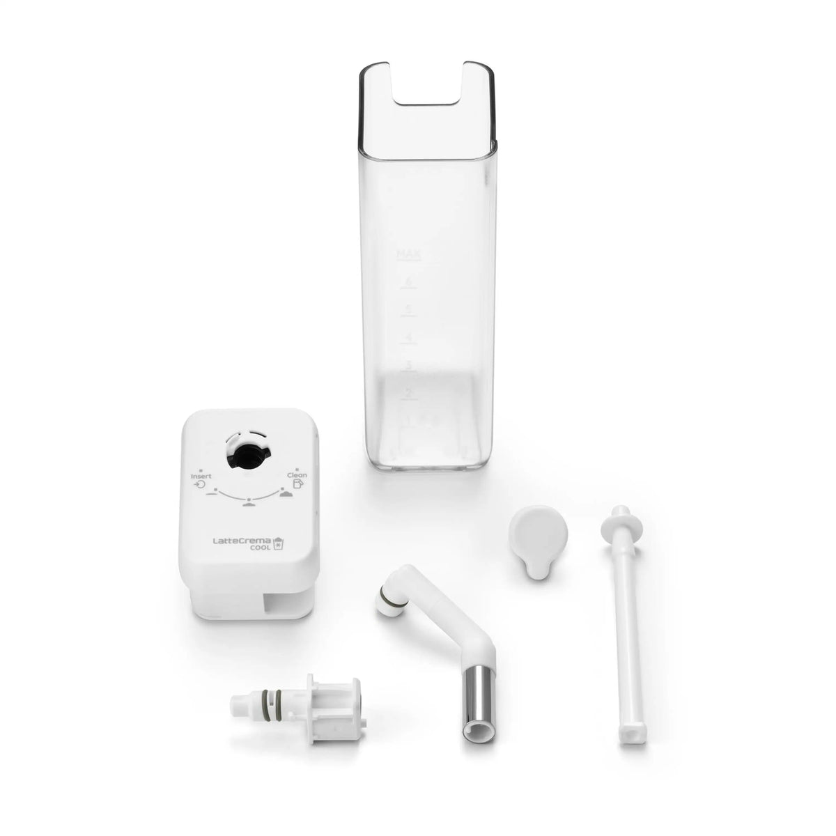 White upgrade accessory components with tall clear container and dispensing parts