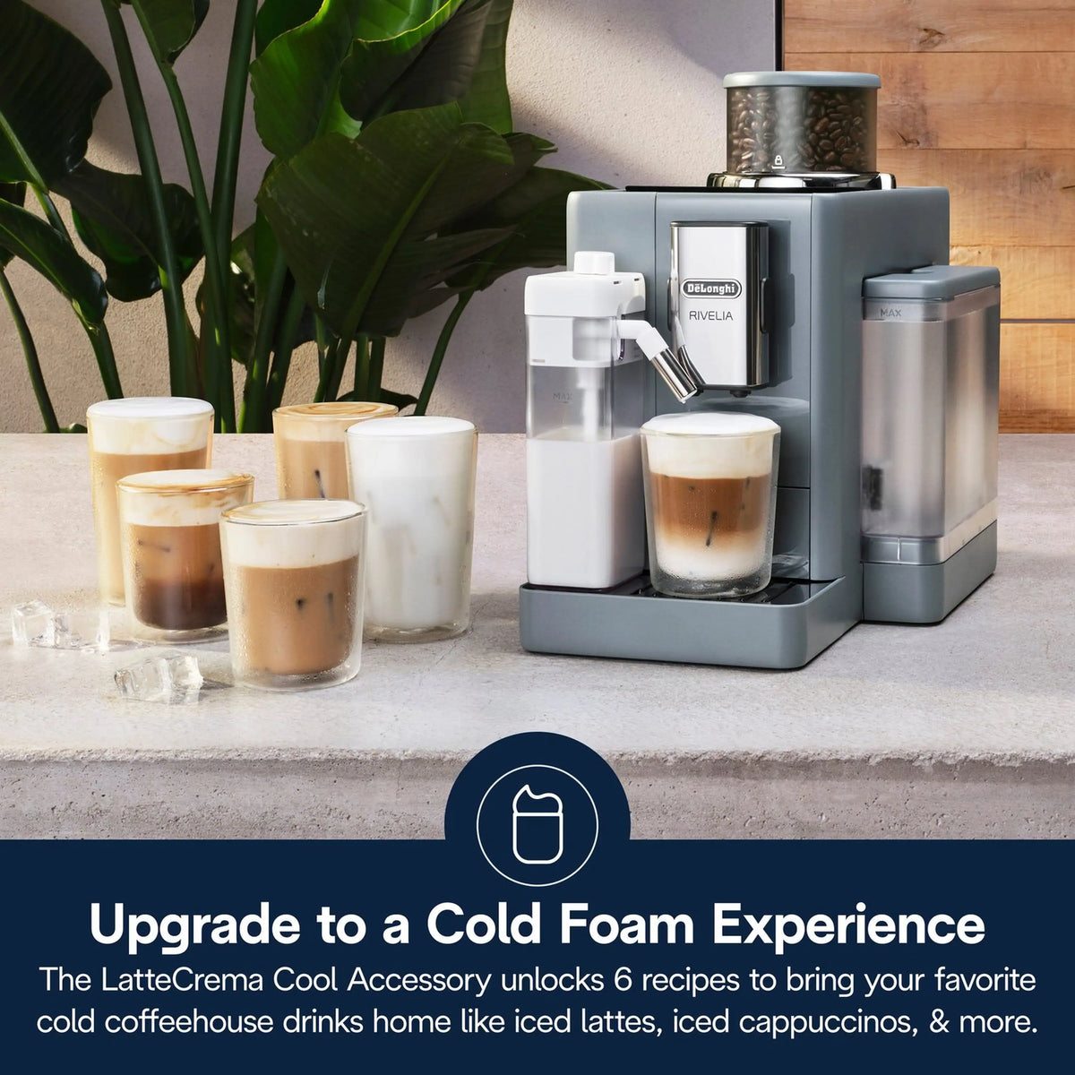 LatteCream cold upgrade accessory set with white reservoir and gray base, with multiple cups