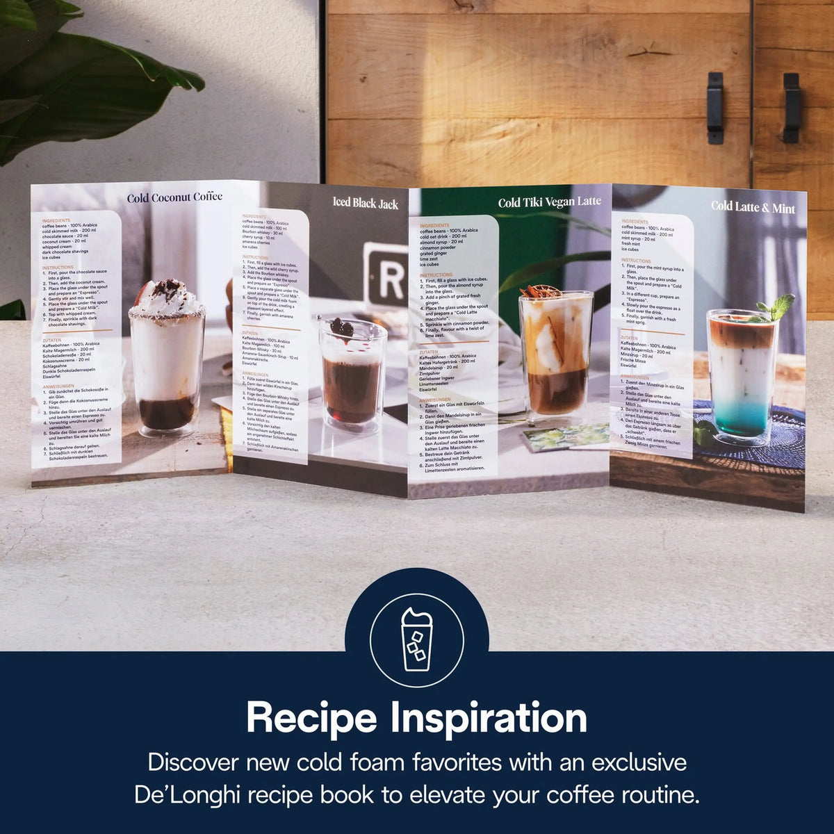 Coffee machine with recipe display book and iced drink glasses on counter