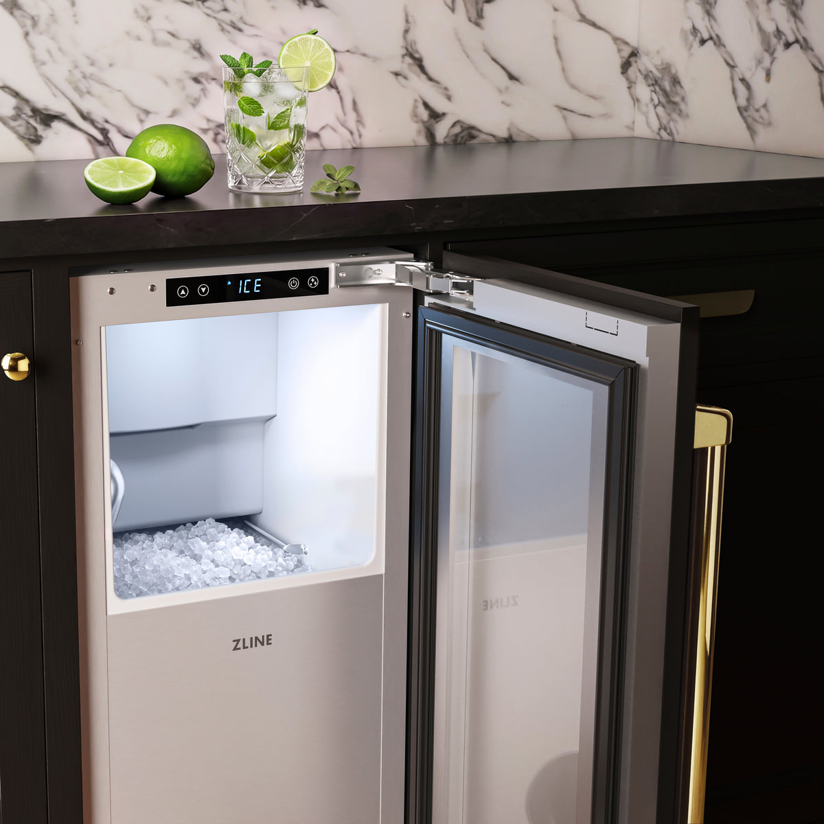 Close-up of the open ZLINE Autograph Edition nugget ice maker in a bar cabinet (INGDPZ-15-G)