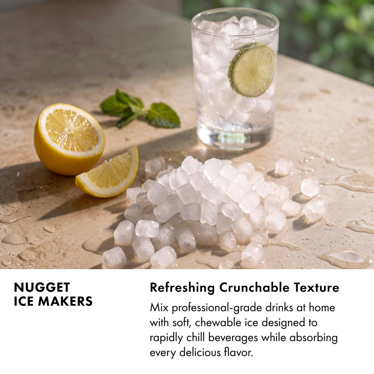 Infographic showing the soft chewable texture of ZLINE nugget ice