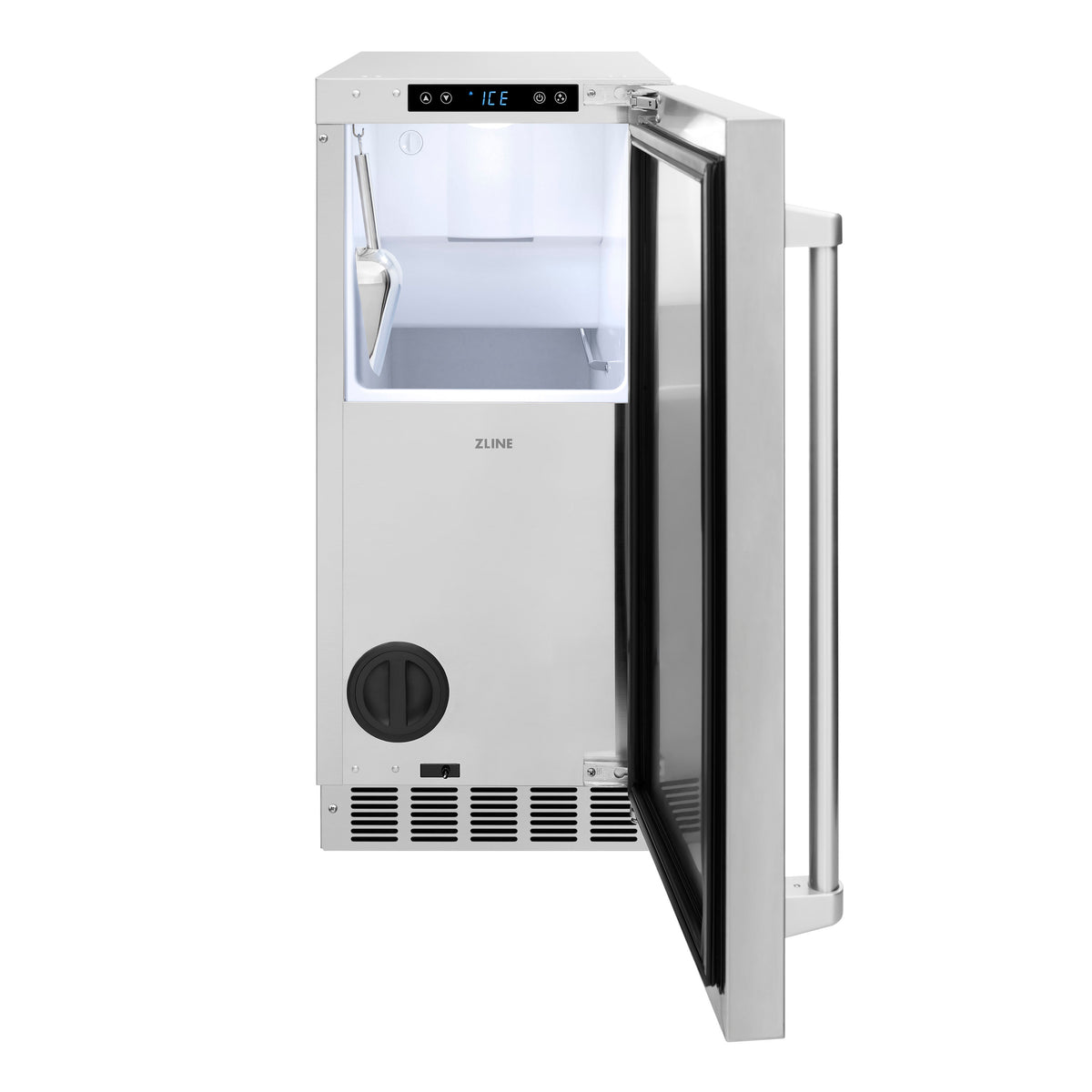 ZLINE 15-Inch stainless steel nugget ice maker with the door open showing the ice bin (INGD-ST-15)