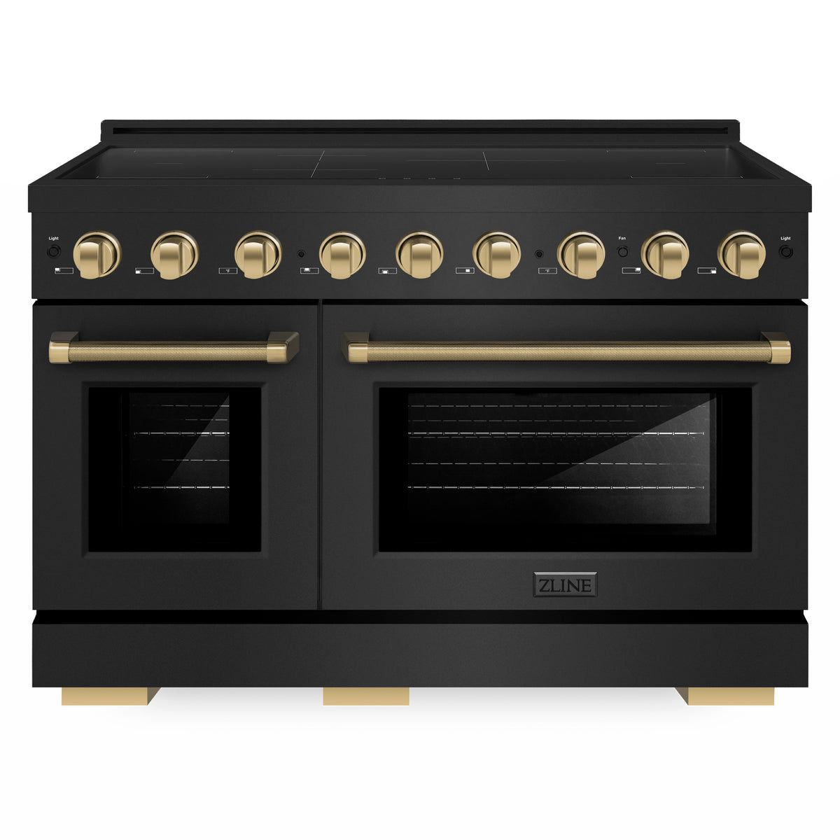 ZLINE Autograph Edition 48-Inch Paramount Induction Range in Black Stainless Steel with Champagne Bronze Helix Handles, front view (SINRBZ-48-KCB)