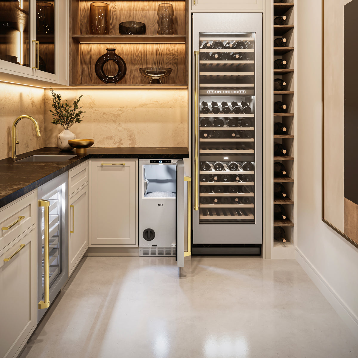 ZLINE Autograph Edition nugget ice maker in a cellar nook, vertical view (INGDZ-ST-15-G)