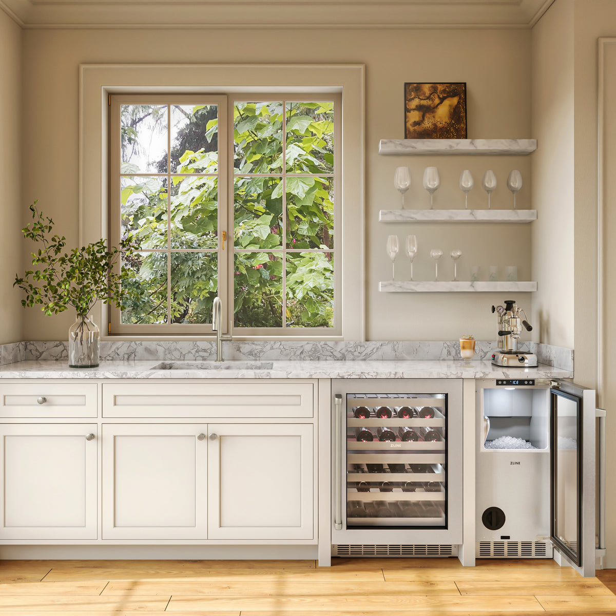 ZLINE stainless steel nugget ice maker in an outdoor veranda bar with the door open (INGD-ST-15)