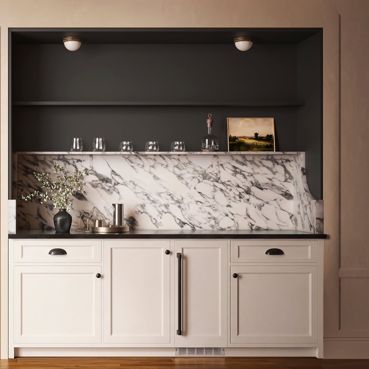 ZLINE Autograph Edition panel ready nugget ice maker with Matte Black handle in a home bar, door closed (INGDPZ-15-MB)