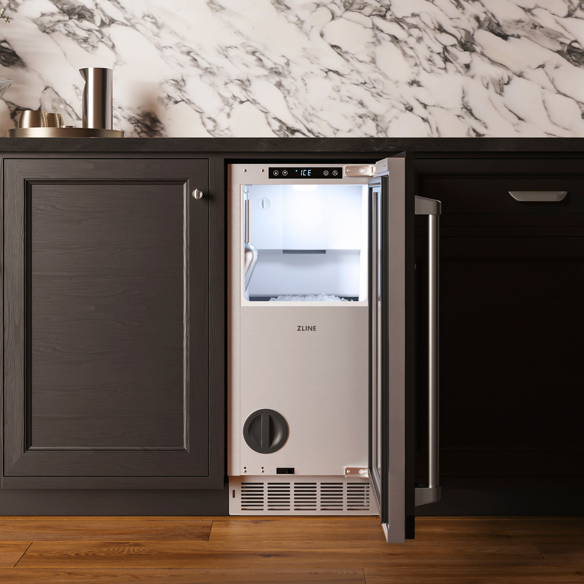 Close-up of the ZLINE panel ready nugget ice maker storage bin filled with nugget ice (INGDP-15)