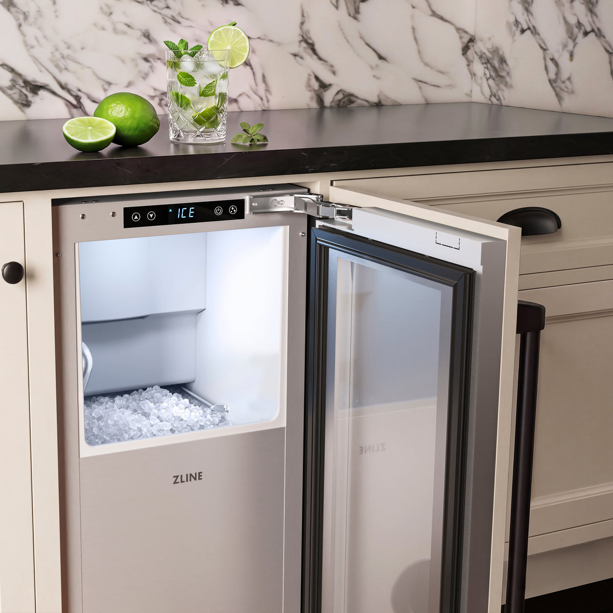 Close-up of the open ZLINE Autograph Edition nugget ice maker in a bar cabinet (INGDPZ-15-MB)