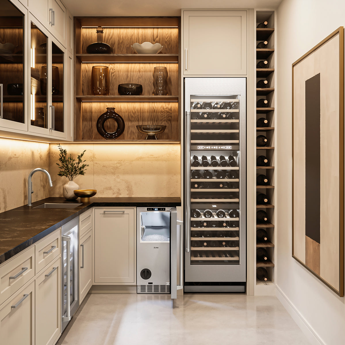 ZLINE stainless steel nugget ice maker paired with a wine cellar and beverage center (INGD-ST-15)
