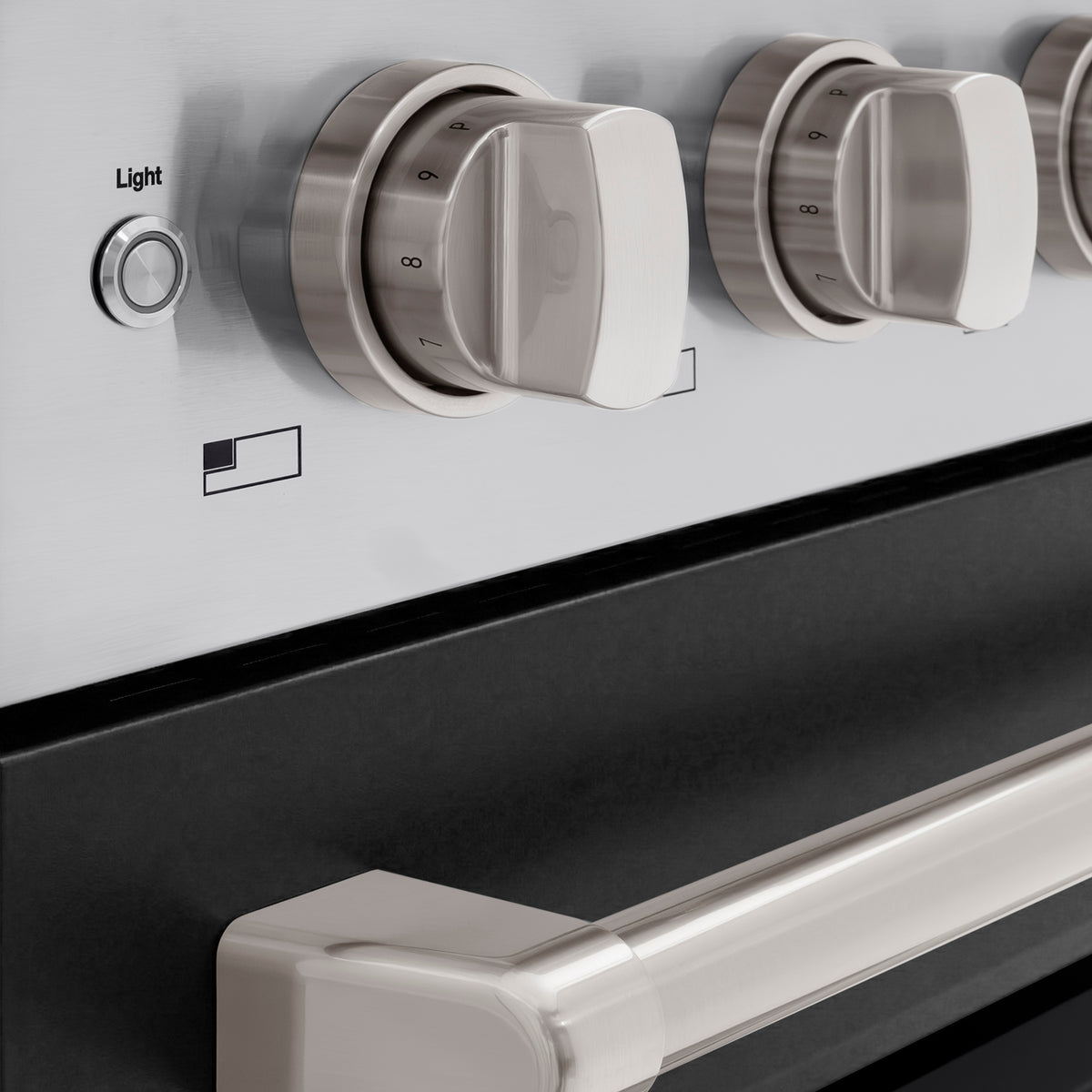 Close-up of the control knobs on the ZLINE Paramount Induction Range (SINR-BLM-48)