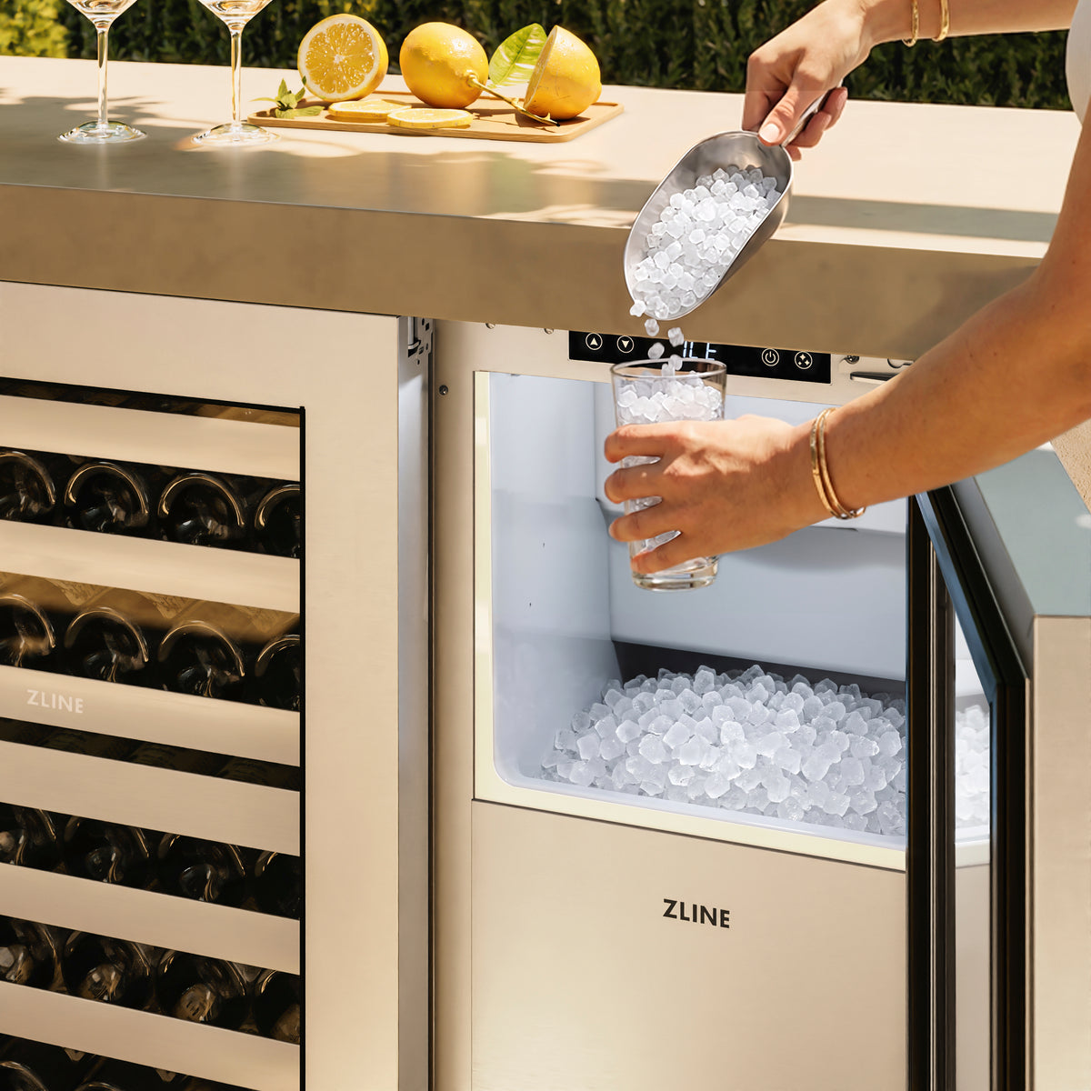 ZLINE stainless steel nugget ice maker patio close-up, second angle (INGD-ST-15)