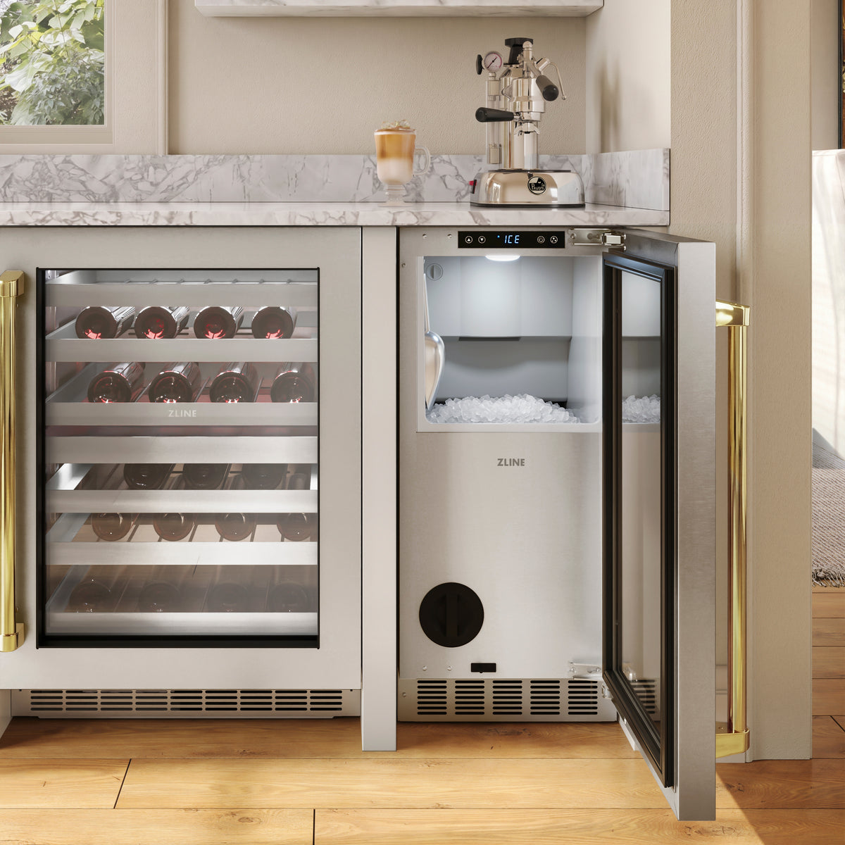 ZLINE Autograph Edition stainless steel nugget ice maker with door open, angled outdoor bar view (INGDZ-ST-15-G)