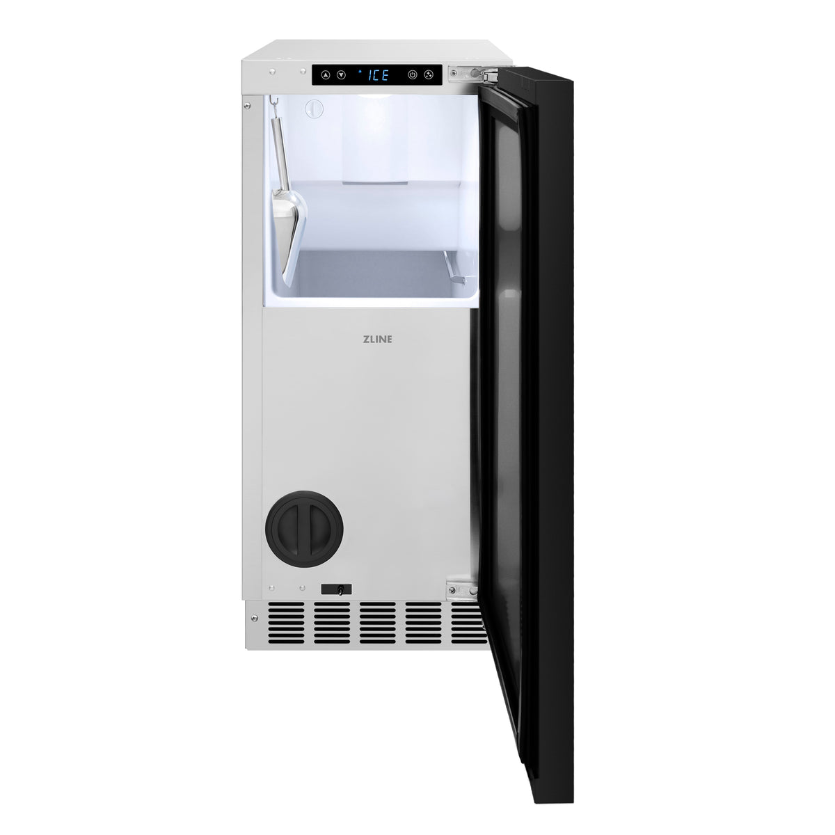 ZLINE Autograph Edition 15-Inch nugget ice maker with the door open showing the ice bin (INGDPZ-15-G)