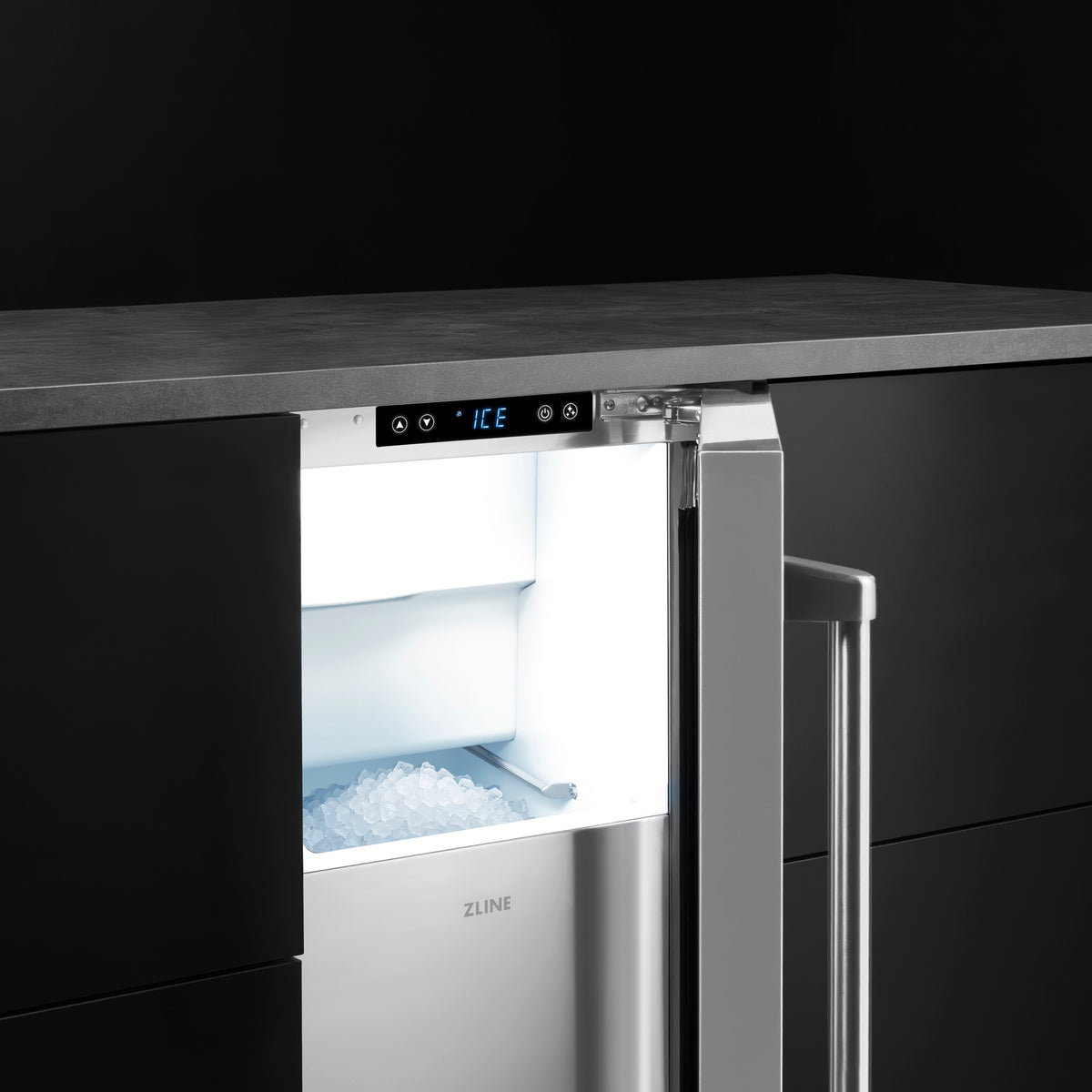 ZLINE 15-Inch stainless steel nugget ice maker studio shot with the door open (INGD-ST-15)