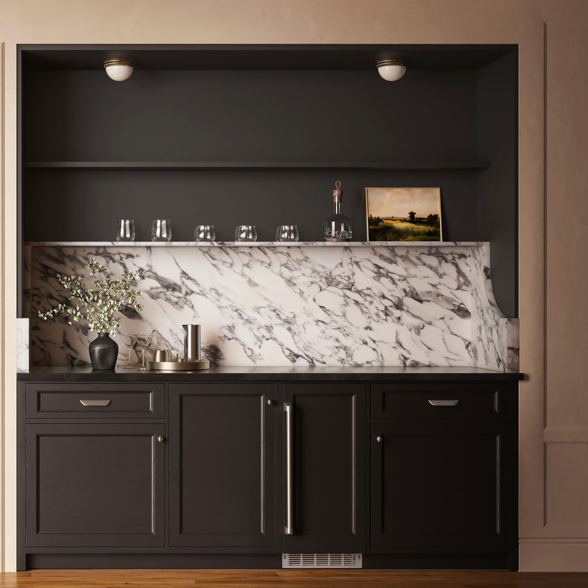 ZLINE panel ready nugget ice maker built into a home bar with the door closed (INGDP-15)
