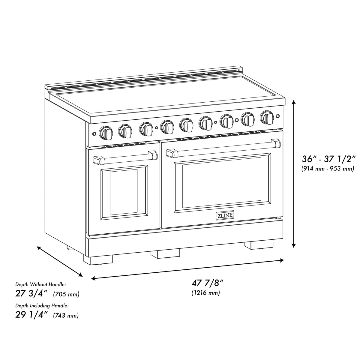 ZLINE 48-Inch Paramount Induction Range SINRZ-48-KCB dimensional diagram