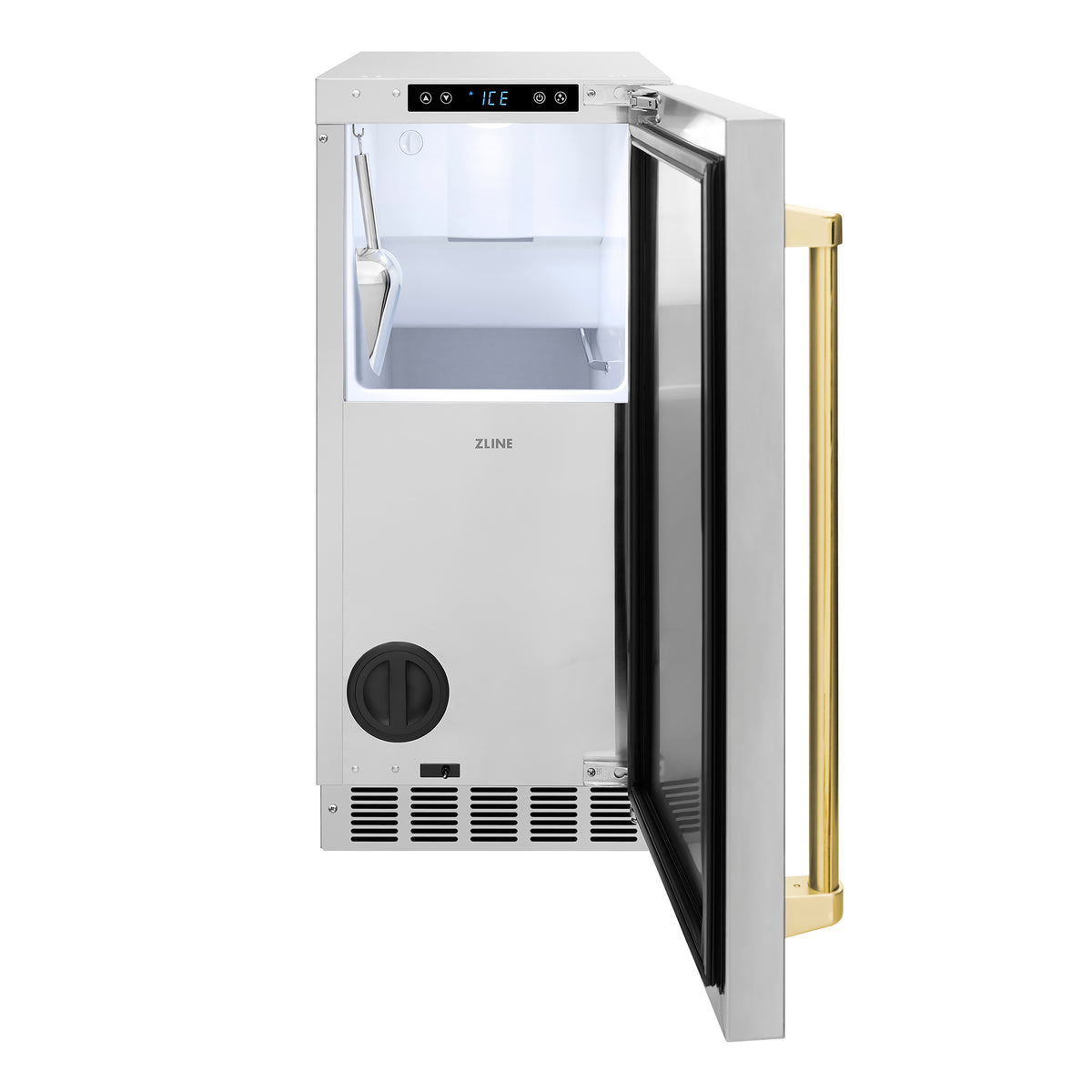 ZLINE Autograph Edition 15-Inch nugget ice maker with the door open showing the ice bin (INGDZ-ST-15-G)