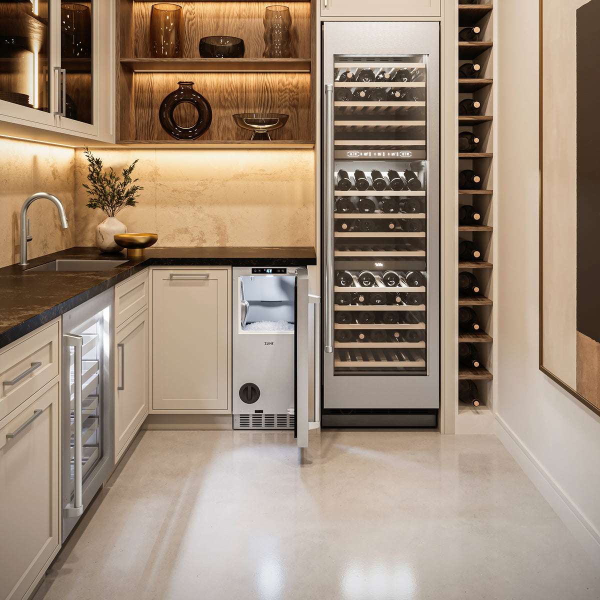 ZLINE stainless steel nugget ice maker in a cellar nook, vertical view (INGD-ST-15)