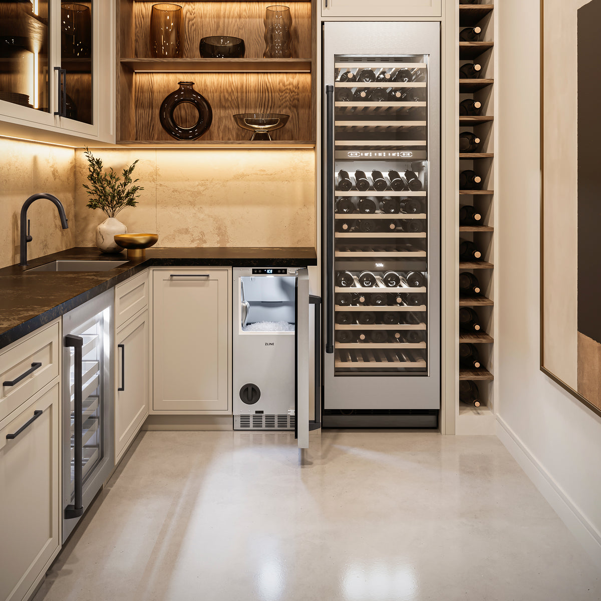 ZLINE Autograph Edition nugget ice maker in a cellar nook, vertical view (INGDZ-ST-15-MB)