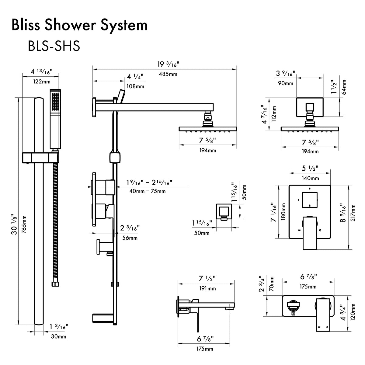 ZLINE Bliss Shower System BLS-SHS dimensional diagram